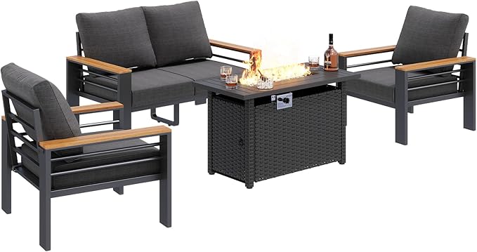 Aoxun Aluminum Outdoor Patio Furniture Set, 5-Piece Outdoor Sectional with 44'' Propane Gas Firepit Table, Patio Conversation Sets with Upgraded Armrests and Cushions for Backyard (Dark Grey,4 Seats)