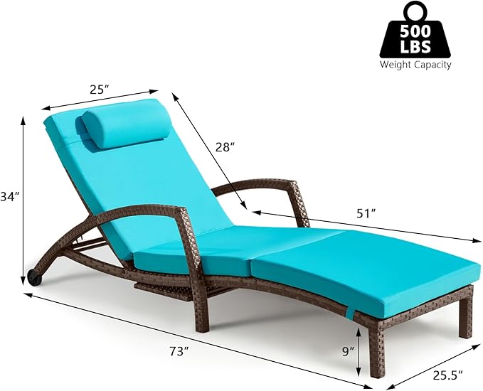 Chaise Lounge Chairs Outdoor Set of 4, Comfy Outside Wicker Patio Pool Lounge Chair w/ 5 Adjustable Back Angle, Cup Holder, Thicken Cushion