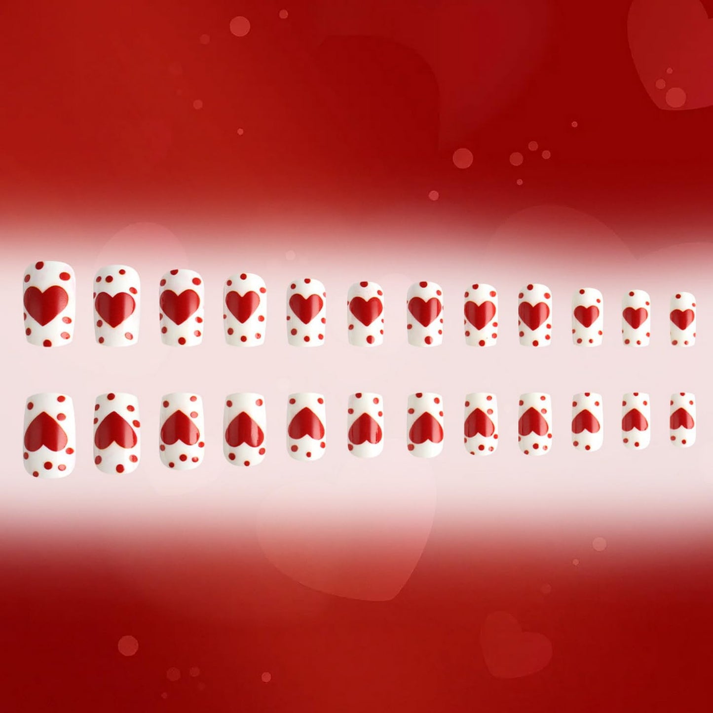 Valentine Day Press on Nail Medium Length Square Fake Nails Red Heart designs Stick on Nail Glossy Full Cover White Press ones Polka Dot Acrylic False Nails Reusable Glue on Nails for Women 24pcs