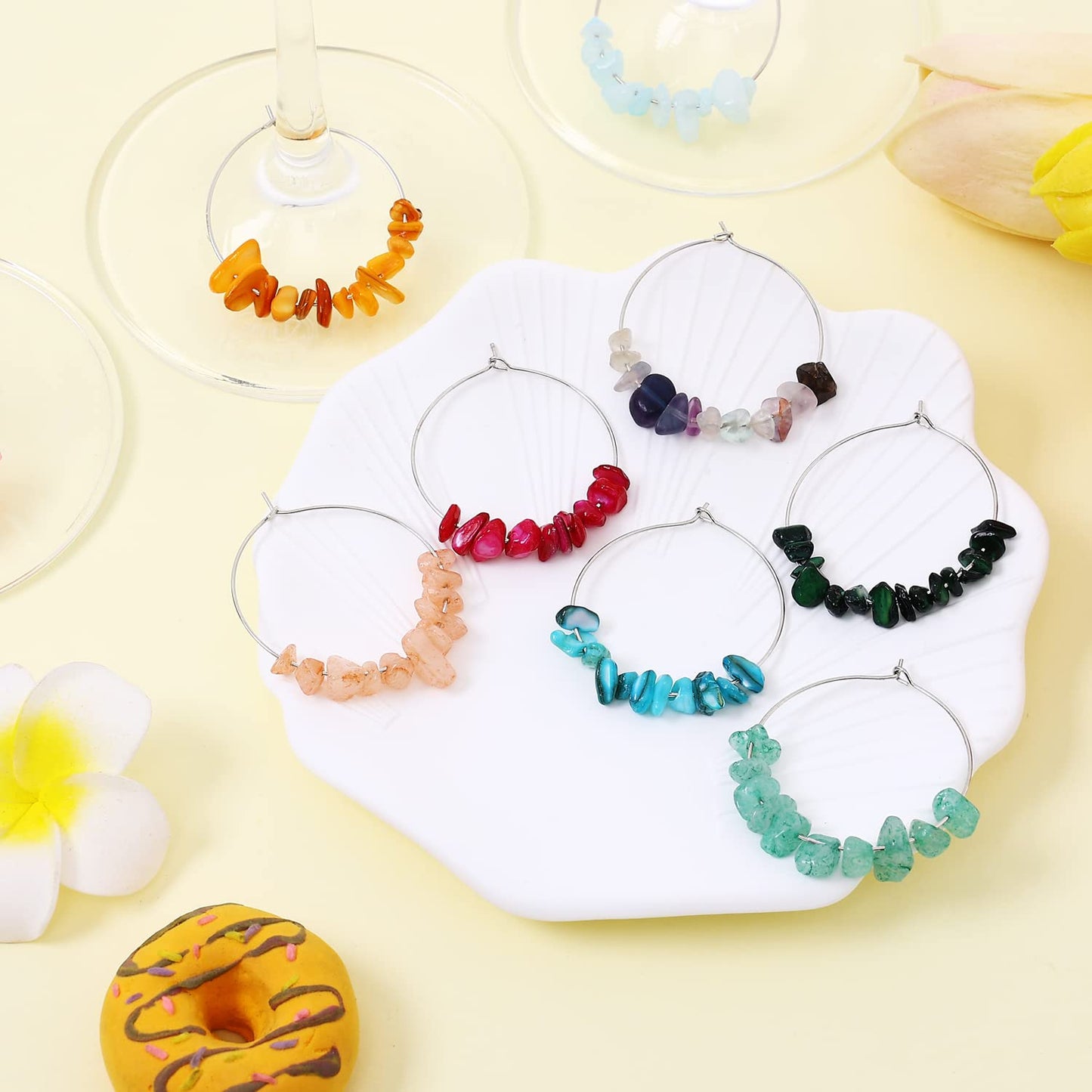 Pride & Par 24 Pcs Nature Gemstone Beads Glass Charms for Stem Glasses, Wine Glass Decoration for Weddings, Parties
