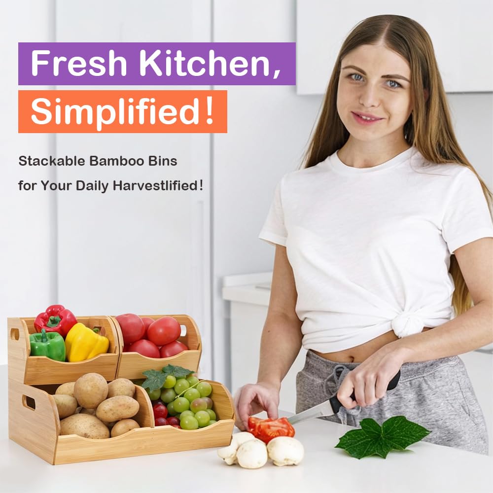 Stackable Bamboo Pantry Organizer - 3-Piece Storage Basket Set for Potato, Onion & Kitchen Cabinet, Tool-Free Assembly, Multi-Size Bins
