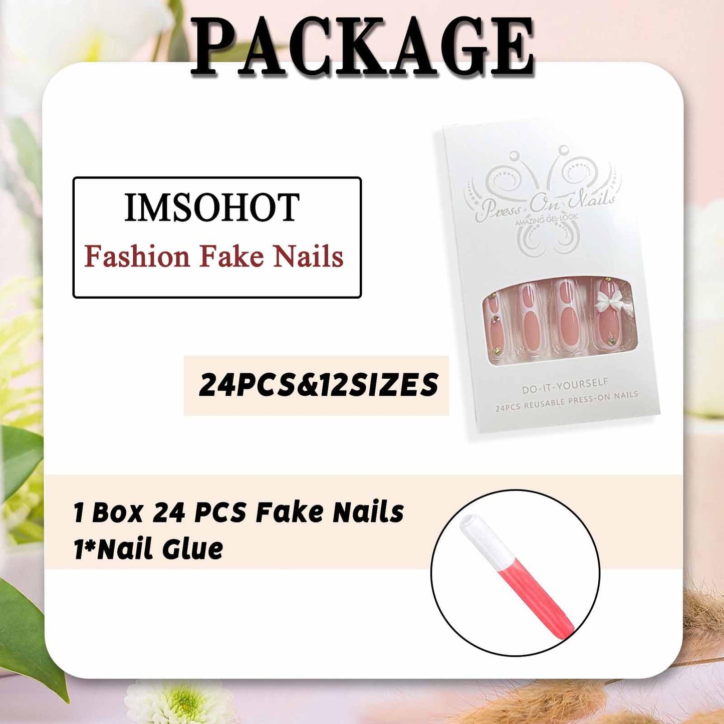 IMSOHOT Square Press on Nails Long White Fake Nails Full Cover Glue on Nails French Tips Glossy Acrylic False Nails with Bow Designs 24PCS Rhinestone Gel Nails
