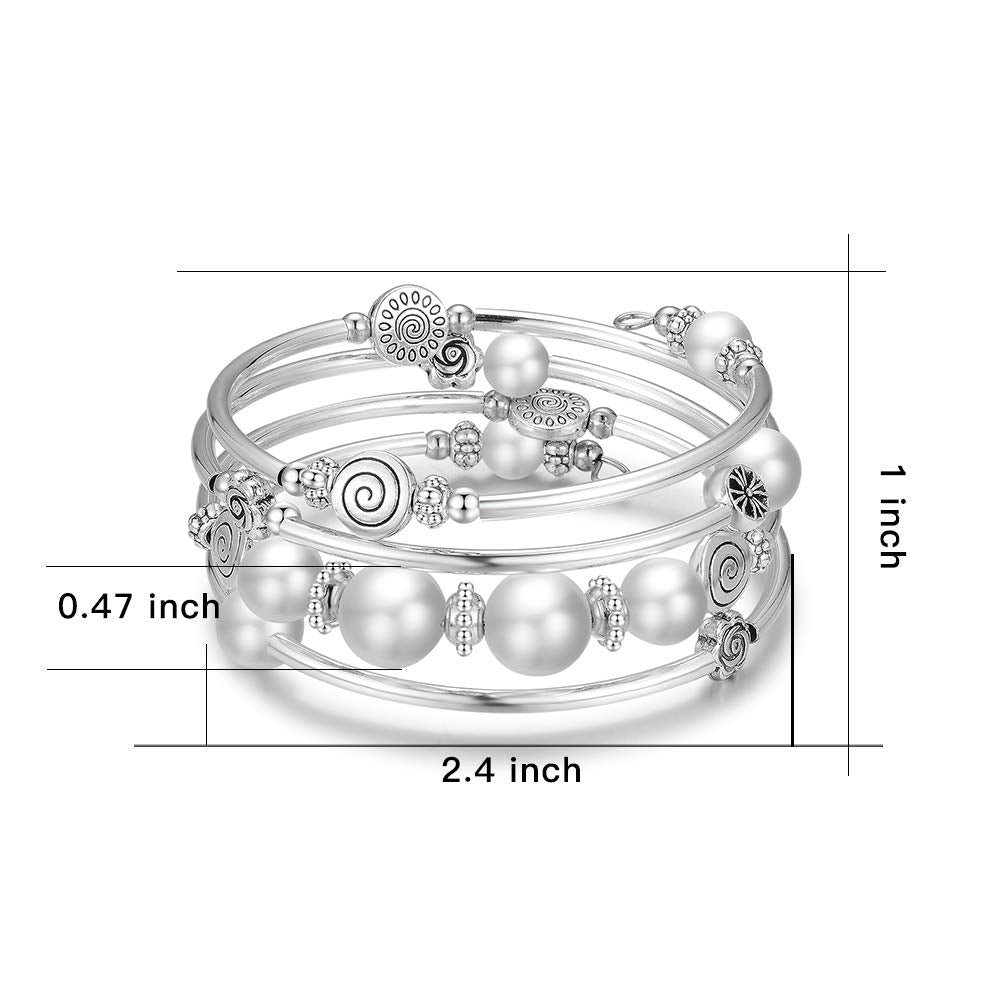 BULINLIN Bead Wrap Bangle Pearl Bracelet - Silver Metal Bracelet Gifts For Women(02-White)