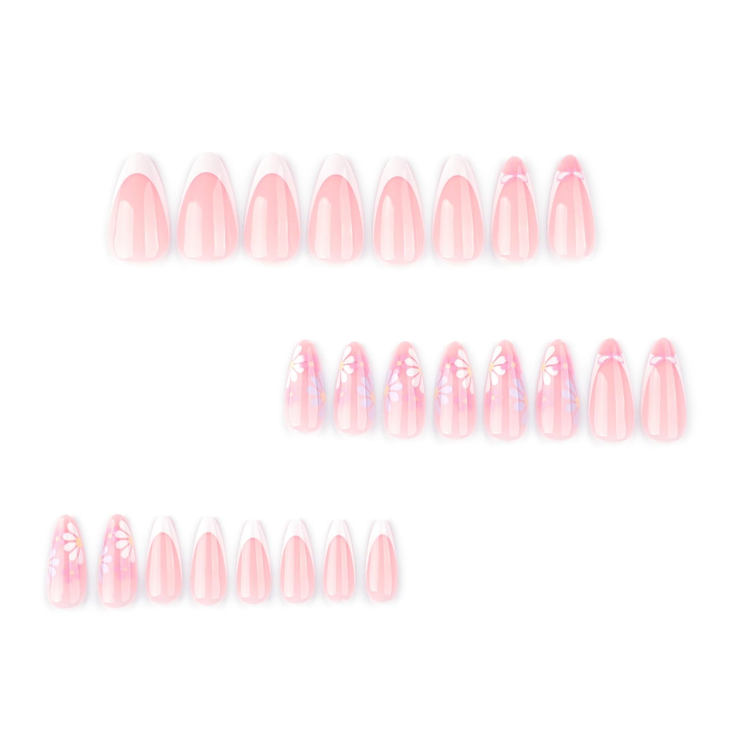 SEENEEY Almond Press On Nails Medium French Tip False Nails White Artificial Nails Floral Stick On Nails 24pcs