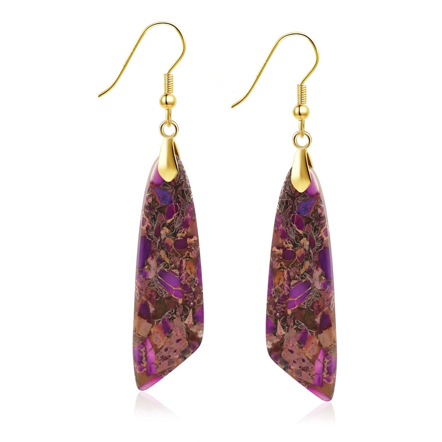 Jasper Stone Earrings for Women Trendy Dangle Earrings Fishhook Drop Earrings (Purple Brown-Gold Hook)