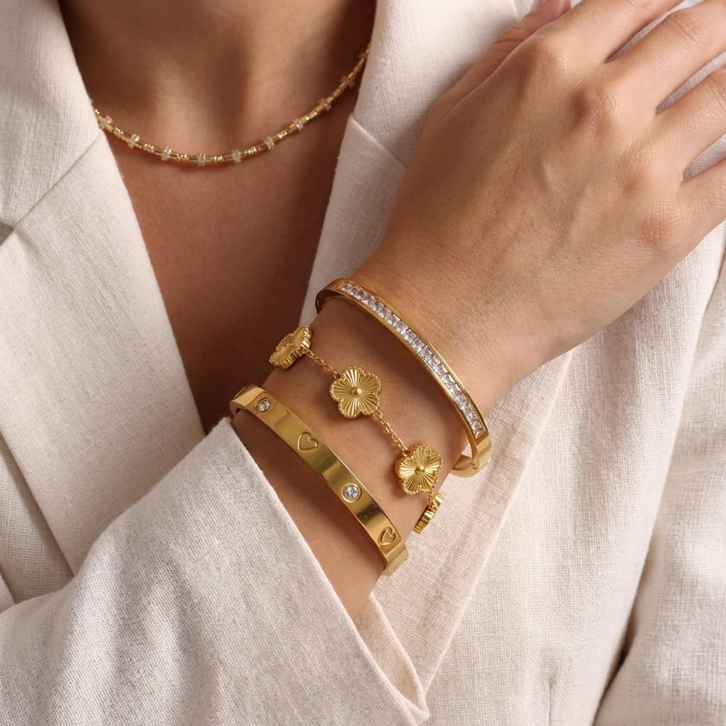 Acnode Gold Clover Bracelets for Women - Stackable Stainless Steel Nail Bracelet, Friendship & Love Bangle - Trendy Jewelry Set, Ideal Birthday Gift (Gold 3PCS)