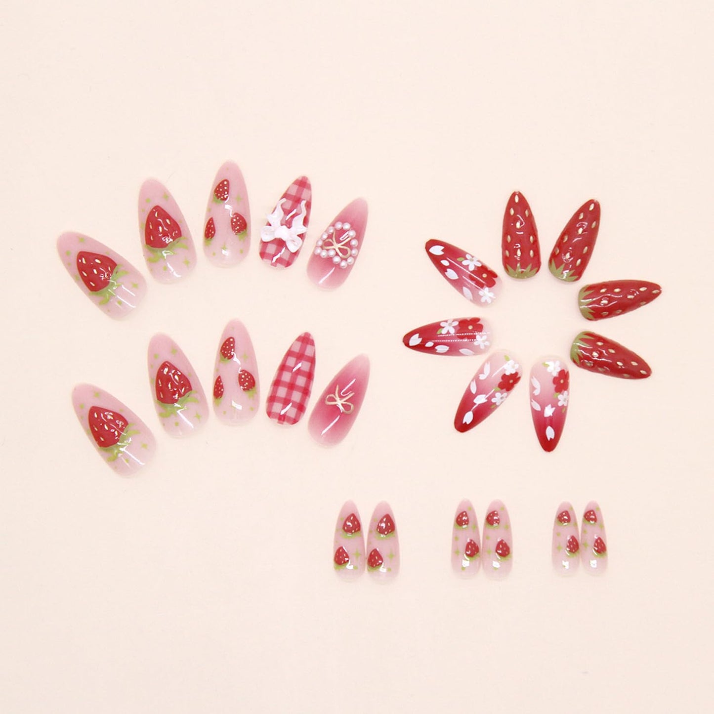 24Pcs Strawberry Flower Press on Nails Medium Almond Fake Nails Cute Floral Strawberry False Nails 3D Heart Pearls Bow Charms Designs Pink Gradient Glossy Stick on Nails Acrylic Nail for Women