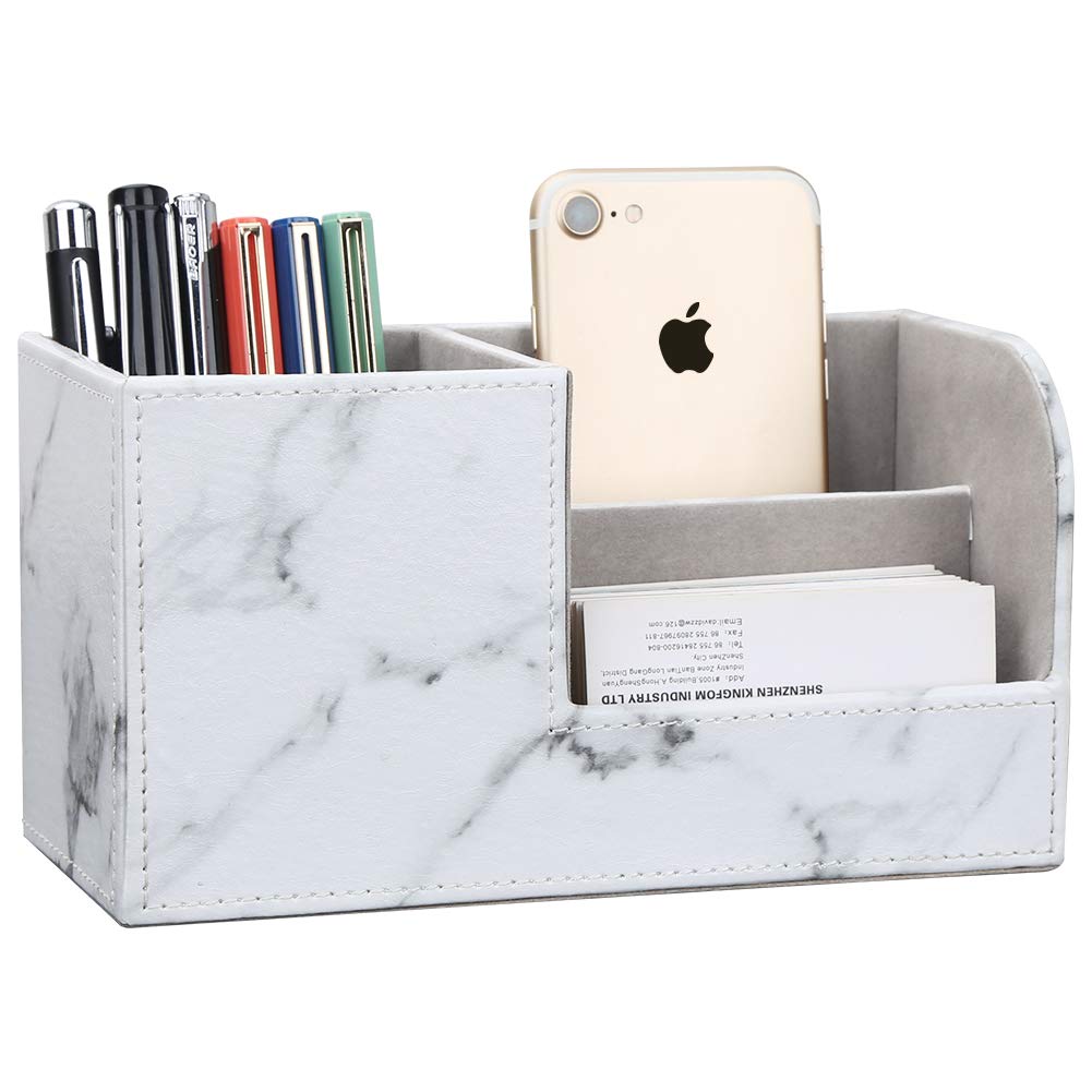 KINGFOM Desk Organizer Office Supplies Caddy Pu Leather Multi-function Storage Box Pen/Pencil,Cell phone, Business Name Cards Remote Control Holder Gray Marble