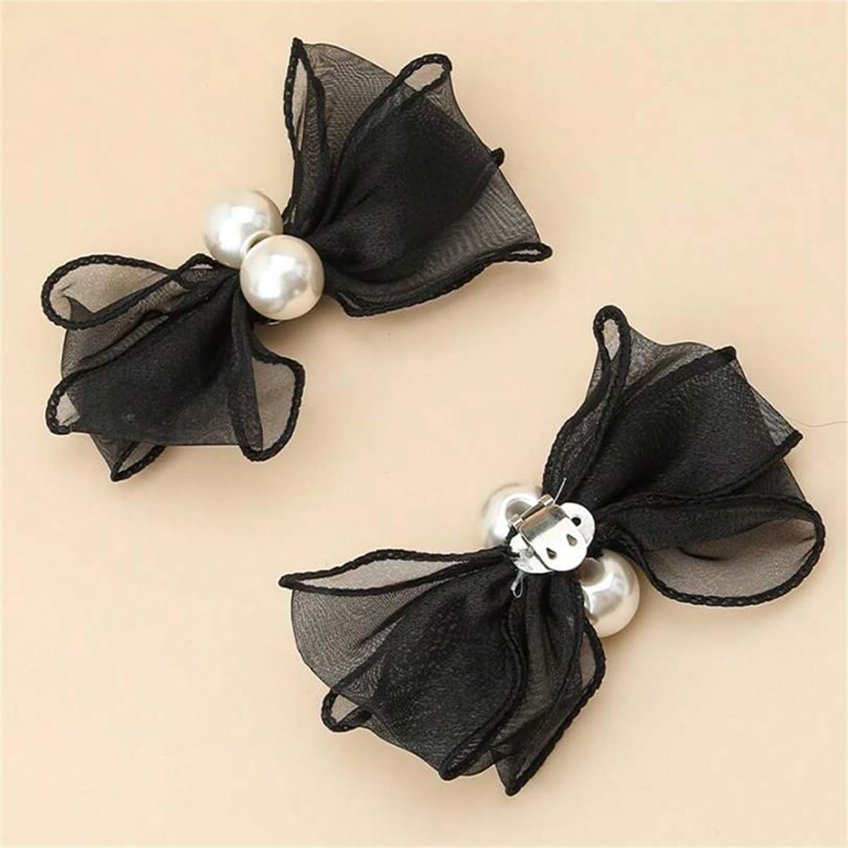 Tulle Bow Shoe Clips Elegant Pearl Shoe Embellishment Detachable Women Shoe Decoration Charms for Pumps Accessories 2 Pcs Black
