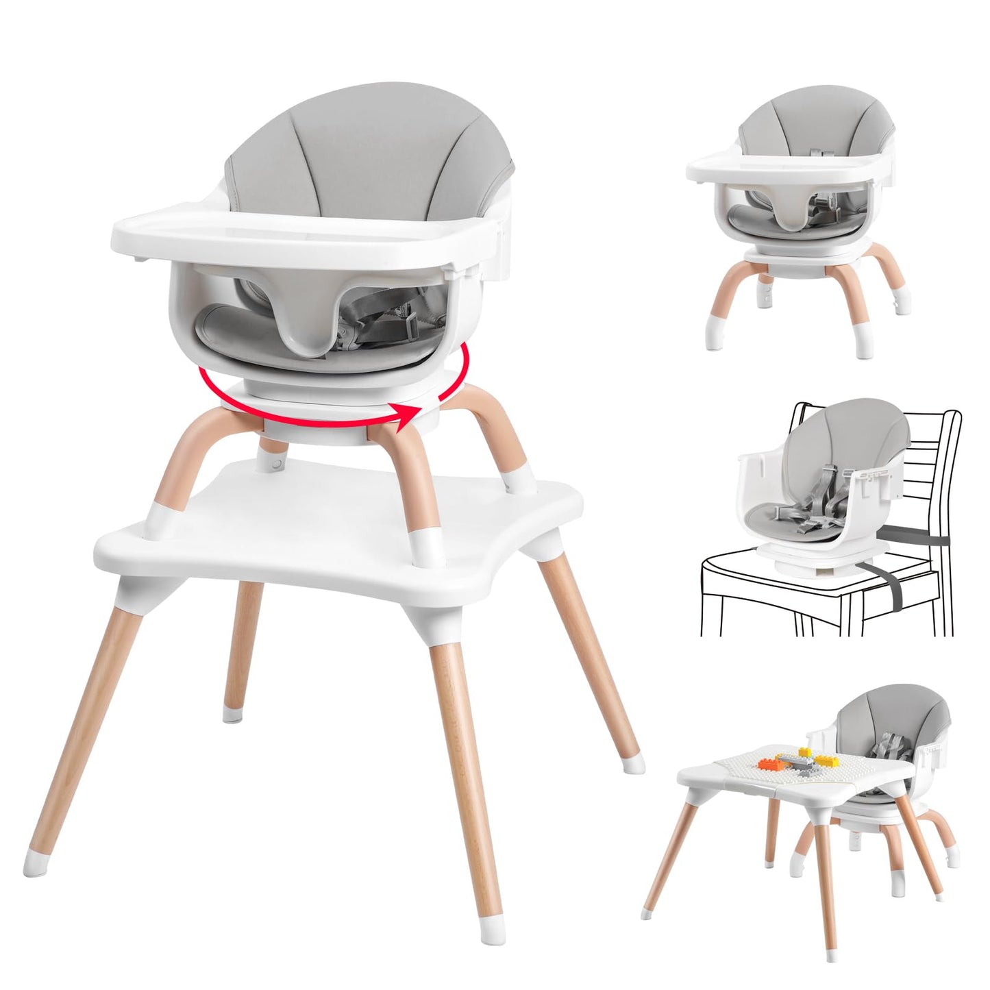 Komcot Baby High Chair, 7 in 1 Convertible High Chairs for Babies and Toddlers, Kids Learning Table, Building Block Table, Toddler Dining Chair with 360° Rotating Seat, 5-Point Safety Harness (Grey)