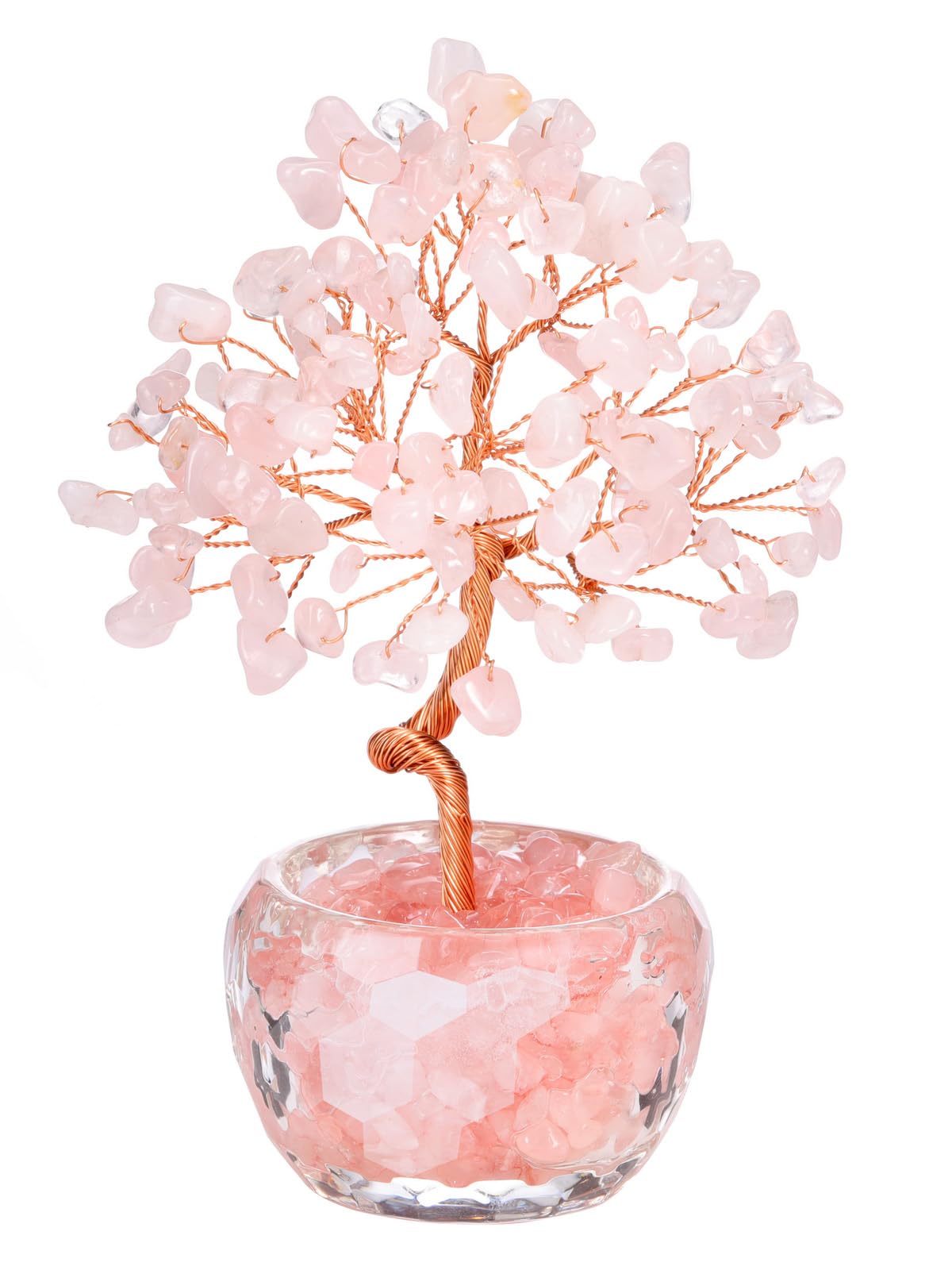 Top Plaza Healing Crystals Rose Quartz Crystal Tree with Glass Base Handmade Natural Gemstone Life Tree Mini Bonsai Money Trees Good Luck Home Office Desk Decor