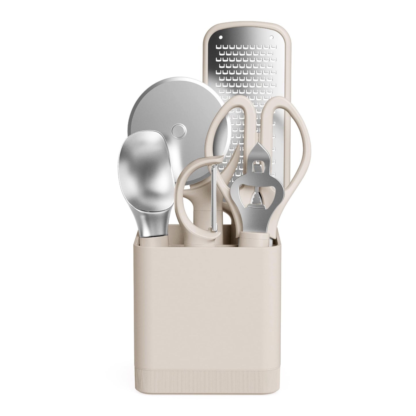 bella 7-Piece Modular Gadget Set, Grater, Pizza Cutter, Ice Cream Scoop, Peeler, Shears, Bottle Opener, Crock with removable divider, Dishwasher Safe, Oatmilk