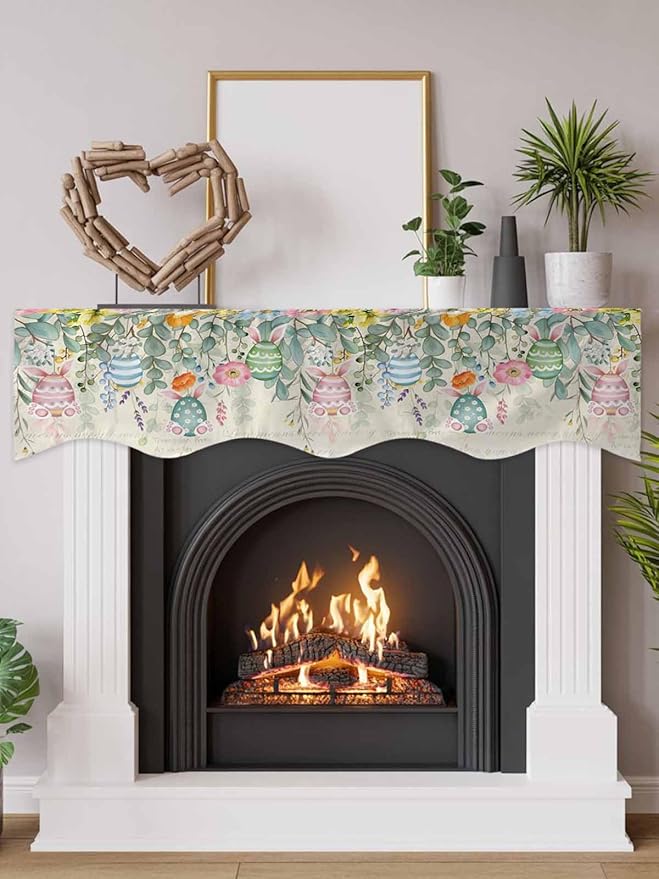 Easter Fireplace Mantel Scarf Table Runner, Spring Colorful Eggs Eucalyptus Leaves Floral Winter Garland Mantel Top Tablerunners Dresser Scarves Cover for Windows Party Living Room 90''x17''