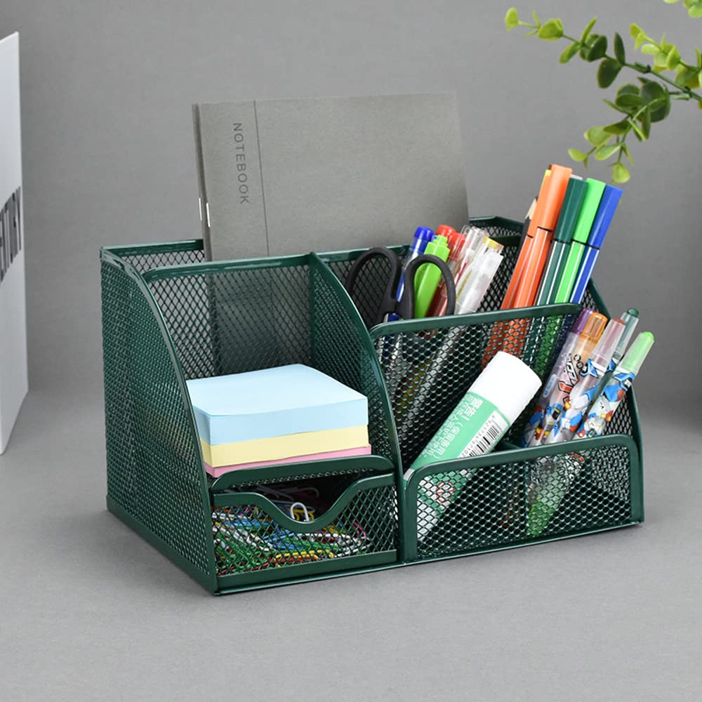 UNVARYSAM Green Desk Organizer Mesh Drawer Storage Accessories with 6 Compartments and Drawer, Desktop Caddy Storing Stationery Trinkets Cosmetics Jewelry Electronic Gadgets for Workspace Classsroom