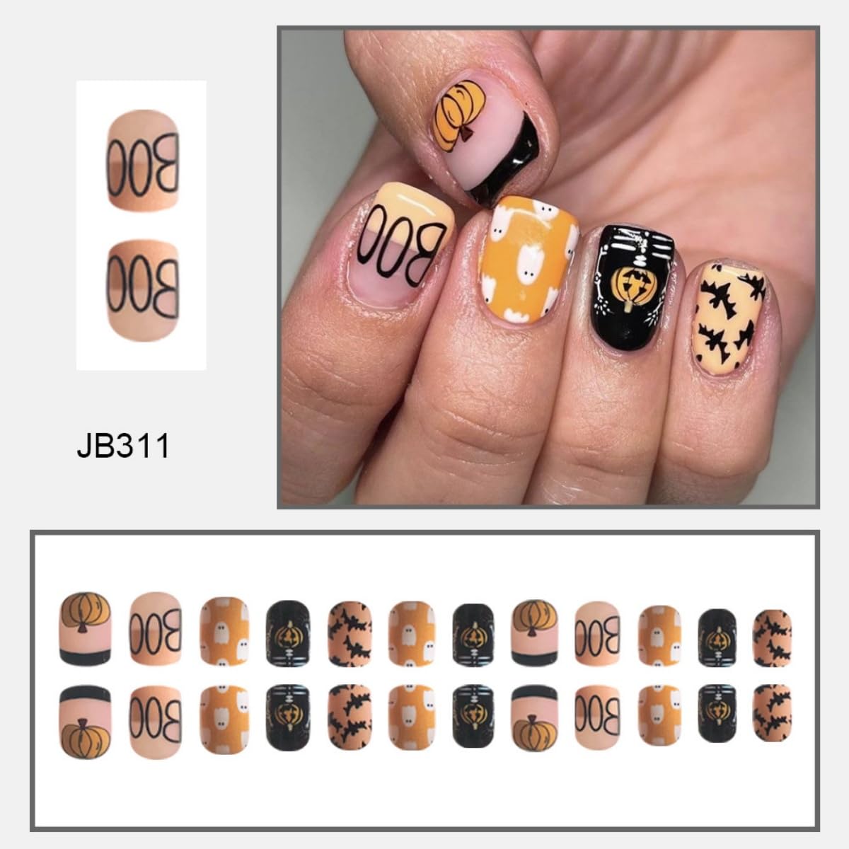 Halloween Press on Nails Short Square Fake Nails with Pumpkin Ghost Bat Skeleton Design Stick on Nails Black French Tip False Nails Artificial Full Cover Acrylic Glue on Nail for Women Manicure 24Pcs