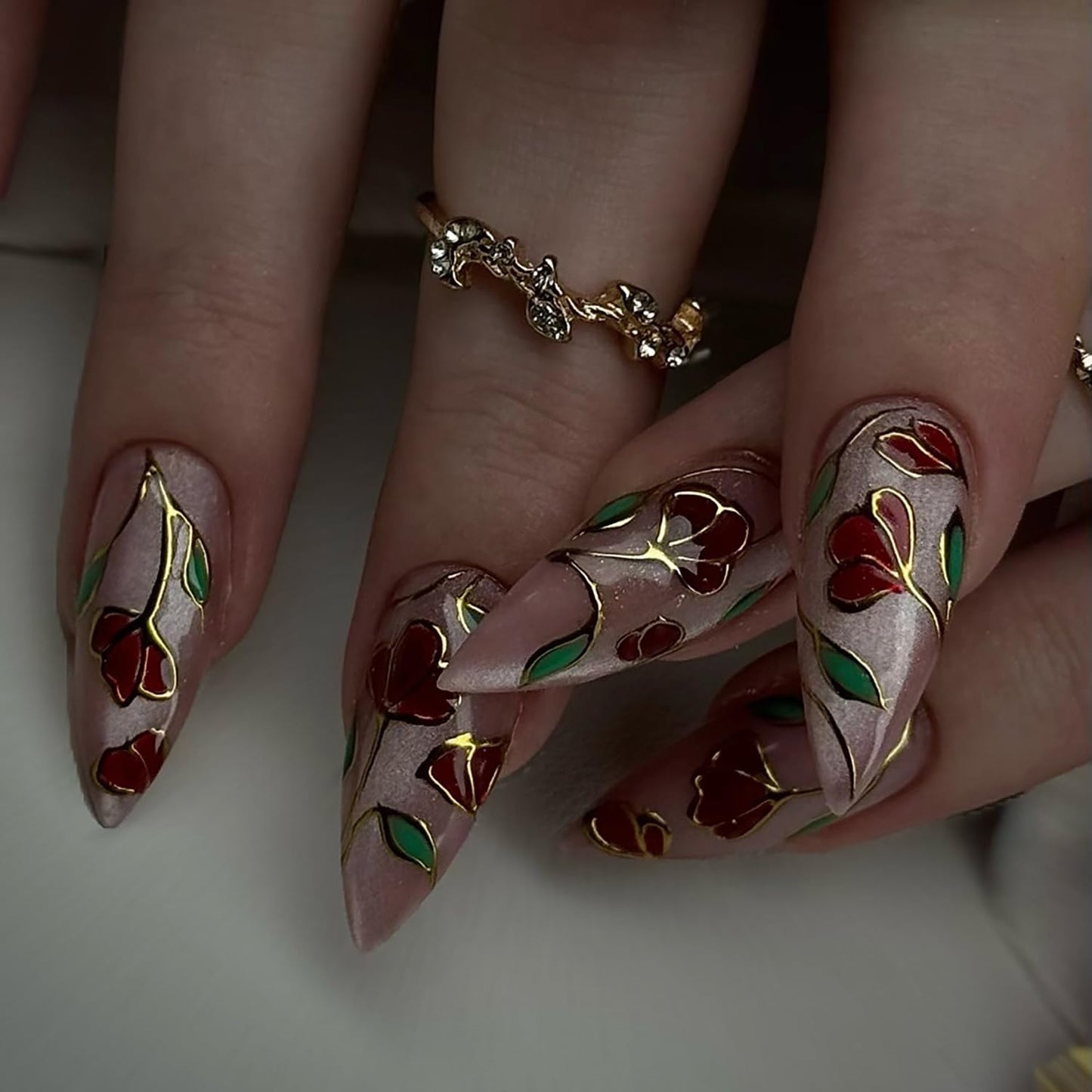 Flower Press on Nails Medium Length Red Floral Pattern Design Press Ons Fake Nail Full Cover Glossy Almond Tip Stick on Nail Acrylic Artificail Fingernails Reusable DIY Glue on Nails for Women 24Pcs