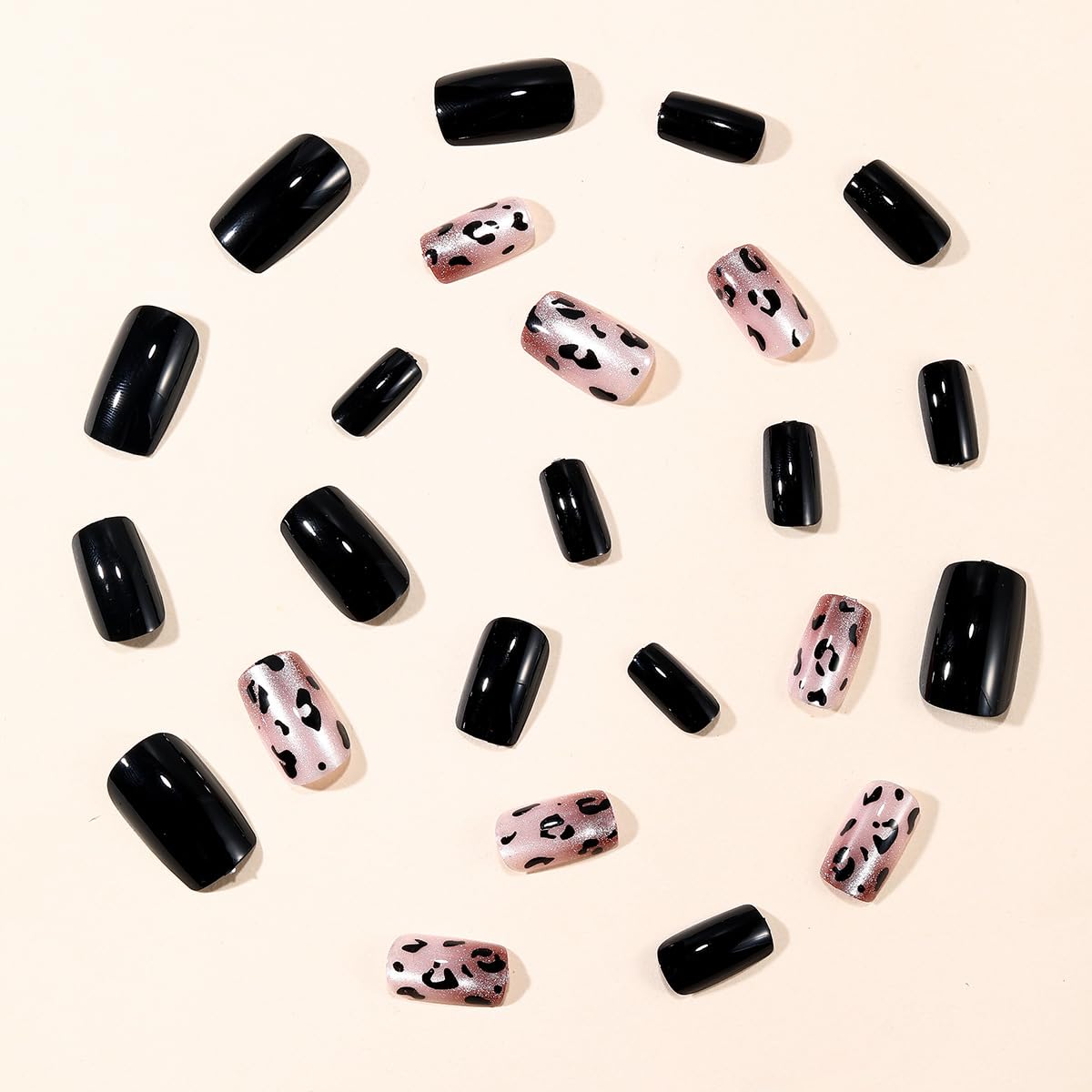 Press on Nails Short Sqaure Fake Nails Black Leopard False Nails Glossy Cat Eye Acrylic Nails Full Cover Glue on Nail Reusable Chrome Artificial Nail for Women Manicure 24Pcs