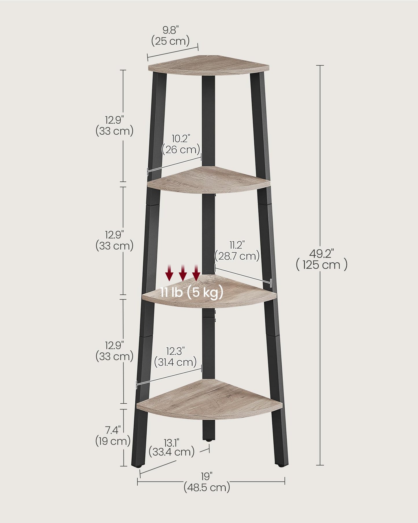 VASAGLE Corner Shelf Stand, 4-Tier Corner Bookshelf, Industrial Ladder Shelf, Plant Stand for Living Room, Office, Kitchen, Greige and Black ULLS034M01