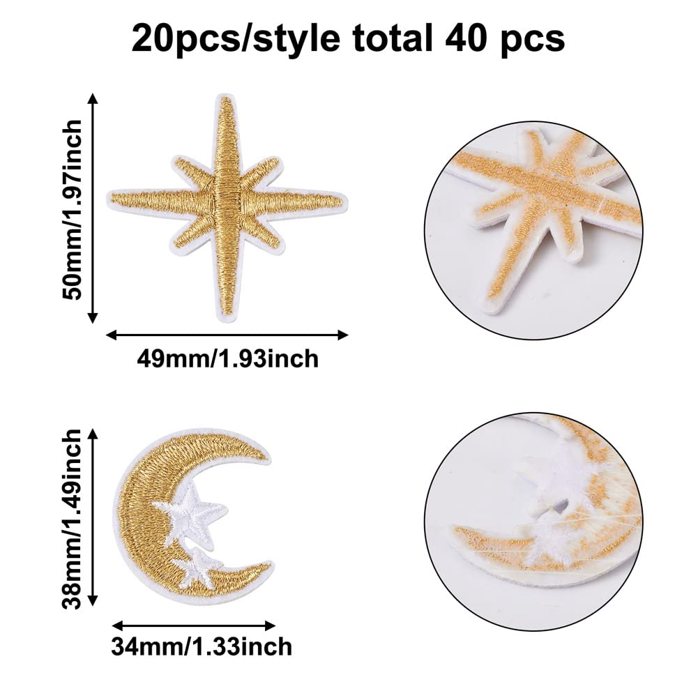 Beadthoven 40pcs Moon Star Embroidery Iron On Patch Mixed Celestial Sew On Patch Embroidered Badge Applique Patch Embellishment for Clothes Bags Jeans Hat Shoes Sewing Accessory DIY Craft