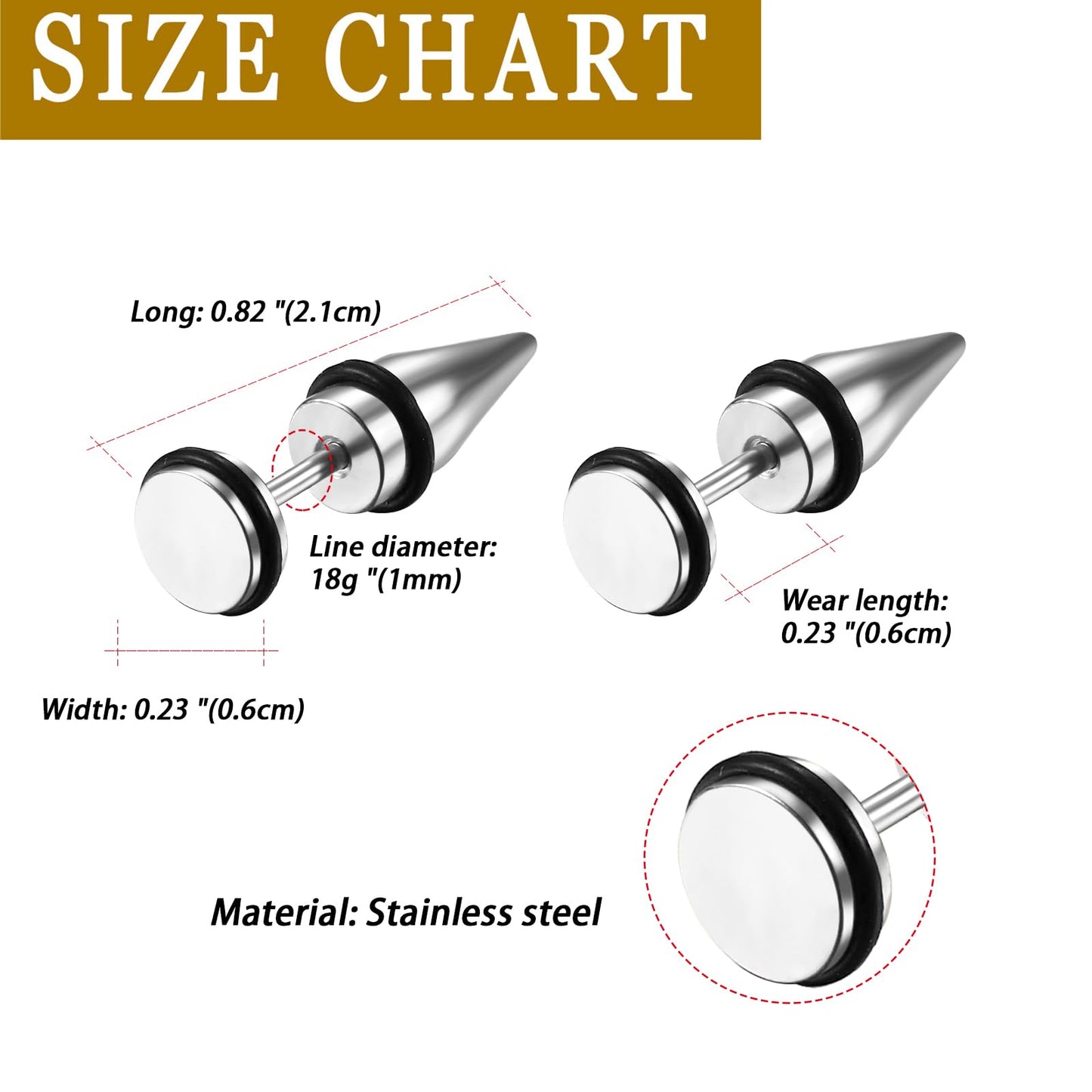 Aroncent 3Pcs Men's Stainless Steel Fake Illusion Tunnel Cheater Piercing Jewelry Spike Stud Earrings Set