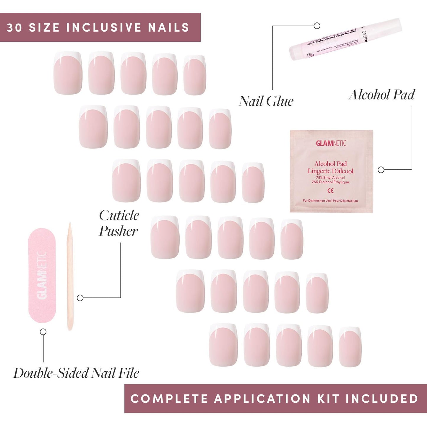 Glamnetic Press On Nails - Classy French | Medium Square Fake Nails with Trendy Micro French Tip, Salon Quality | 15 Sizes - 30 Nail Kit