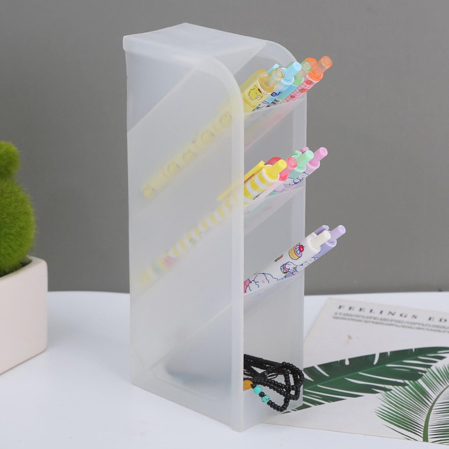 Tissting Pen Holder for Desk, 4 Compartment Pencil Organizer Tiered Vanity Countertop Makeup Brush Desktop Storage Rack, Plastic Angled Storage Organizer for Pen Makeup Brush(Transparent)