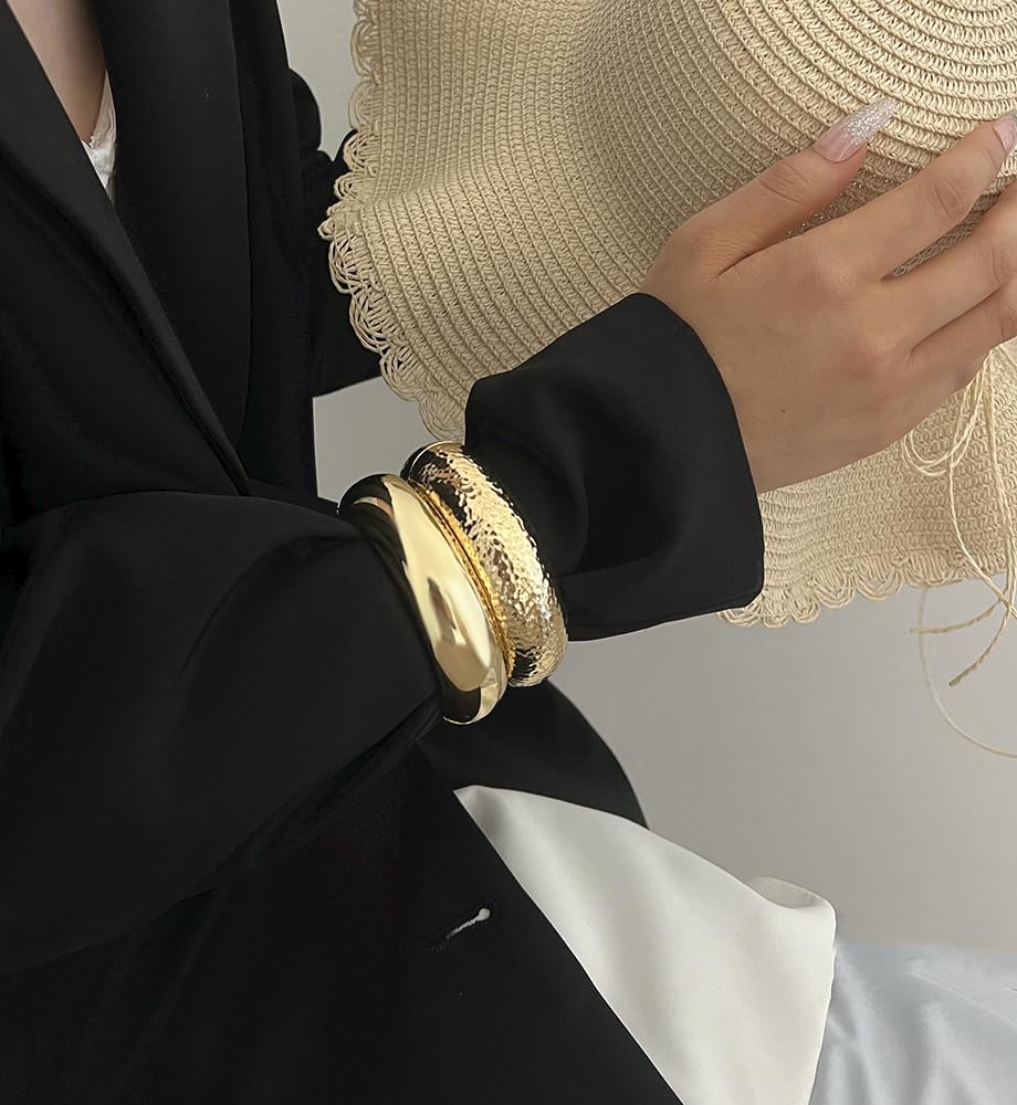 Chunky Gold Bangle Bracelets for Women, Dainty 14k Gold Plated Big Stackable Bangles Set, Trendy Statement Cuff Bracelet Stack Fashion Jewelry Gifts (2 Chunky bangles)