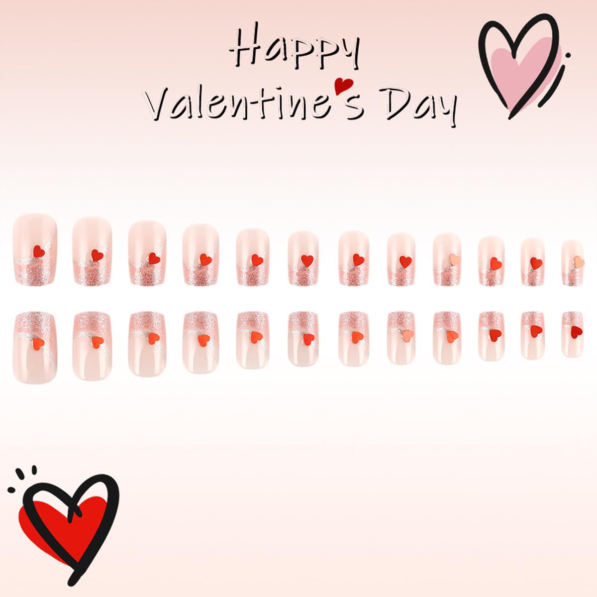 24Pcs Valentine's Day French Tip Press on Nails Medium Coffin Fake Nails with Silver Pink Glitter Heart Design Full Cover Artificial Glue on Nails Romantic Valentines Stick on Nails for Women DIY