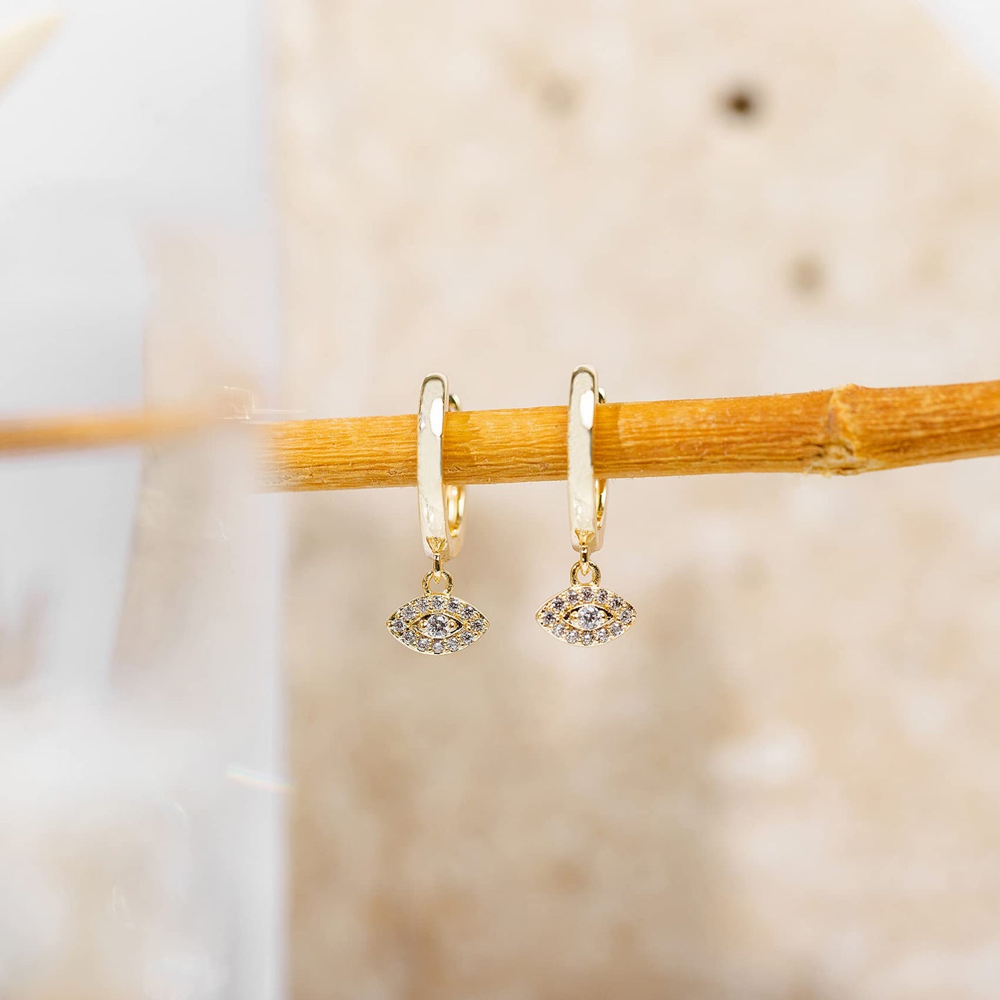 PAVOI 14K Yellow Gold Plated 925 Sterling Silver Post Good Luck Dangle Huggie Hoop Earrings For Women - Trendy Evil Eye Drop Hoop Earrings - Cubic Zirconia Small Hinged Huggies