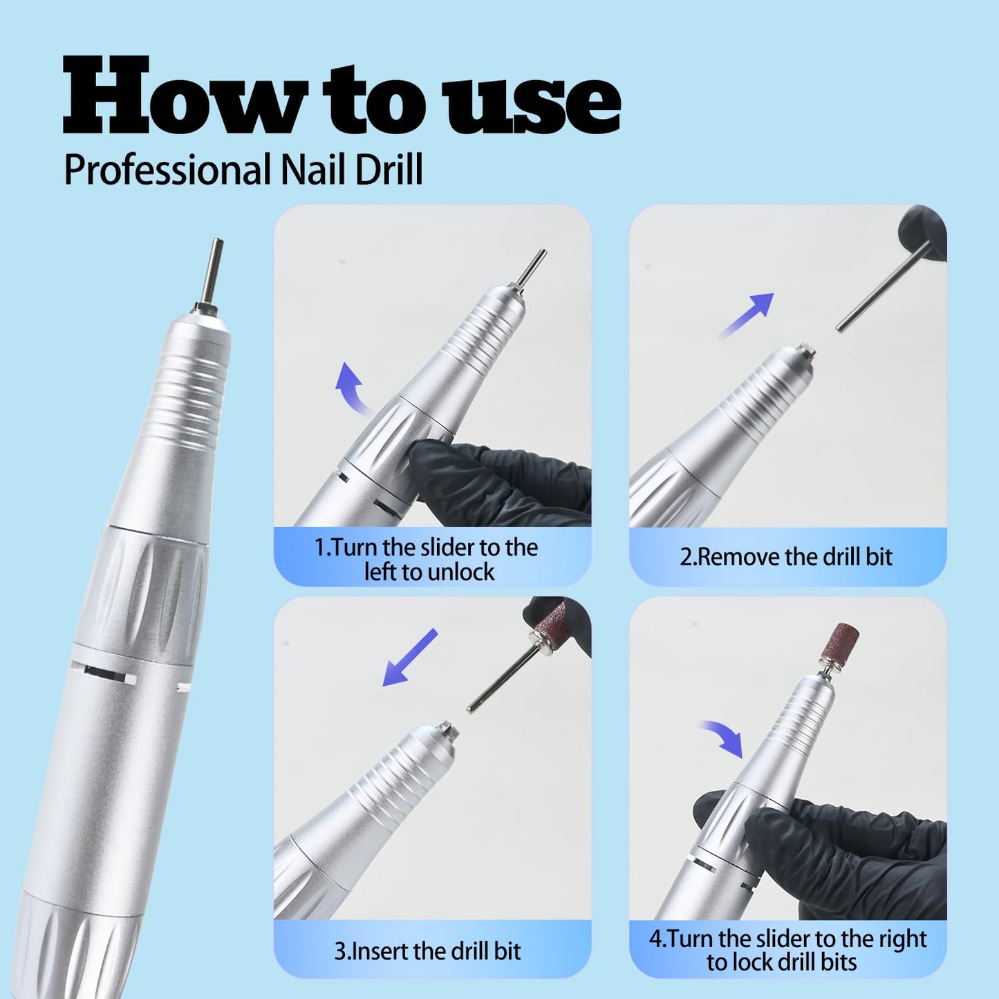 Professional Nail Drill File 45000RPM Electric Portable Nails Drills Kit with Rechargeable 7 uñas Bits Cordless Efile for Poly Gel Acrylic Nails Remover Home Salon Pedicure Manicure Tool (White)