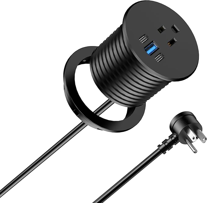 2.5 inch Power Grommet,20W USB-C Charging,1 Outlet with 2 USB C,1 USB Port,Furniture Flush Mount for Desktop,Recessed Power Strip,Workspace Essential Desk Outlet (Black, 10 FT)
