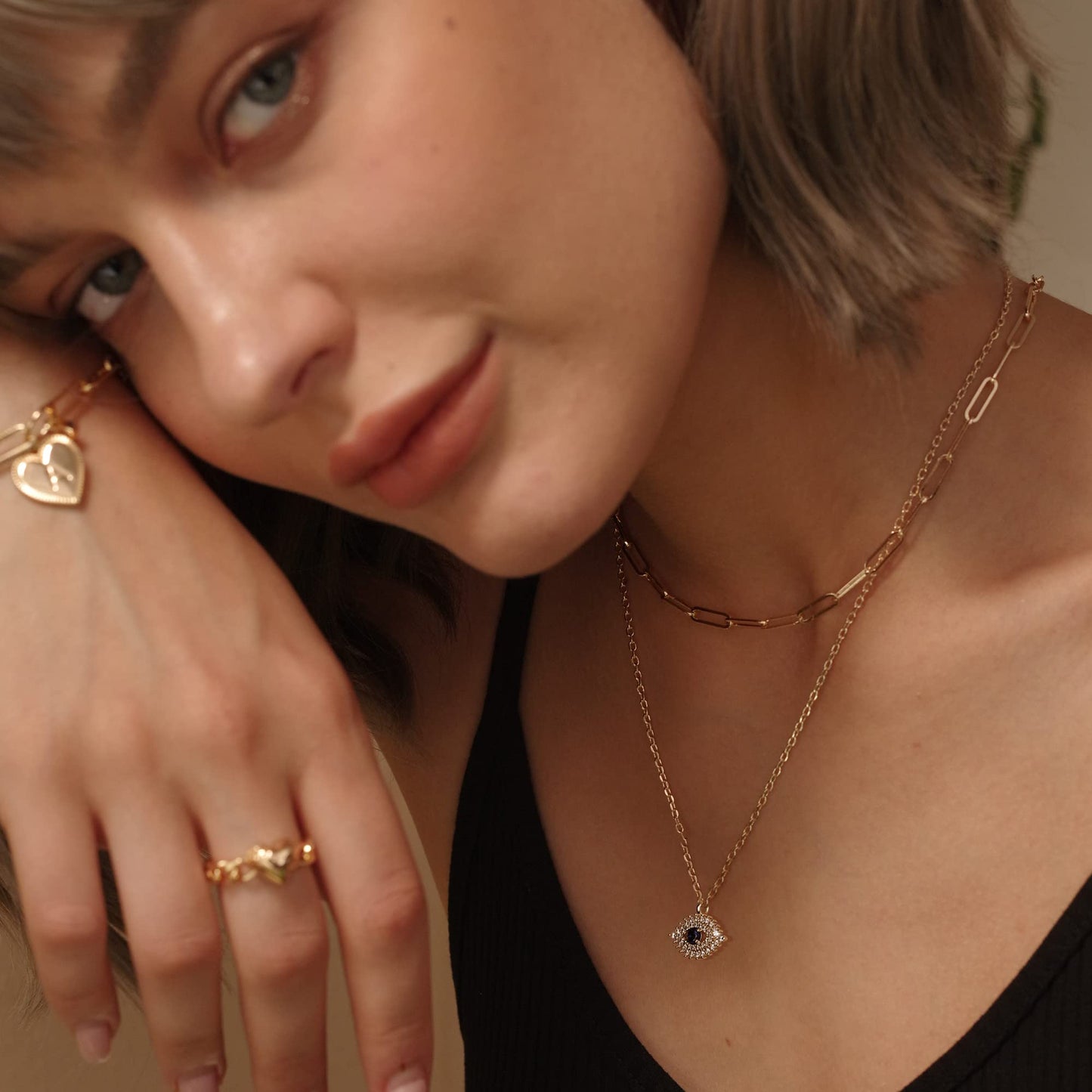 MEVECCO Layered Blue Evil Eyes Necklace Handmade 18k Gold Plated Dainty CZ Third Eyes Pendant Double Layer Lucky Necklace for Women