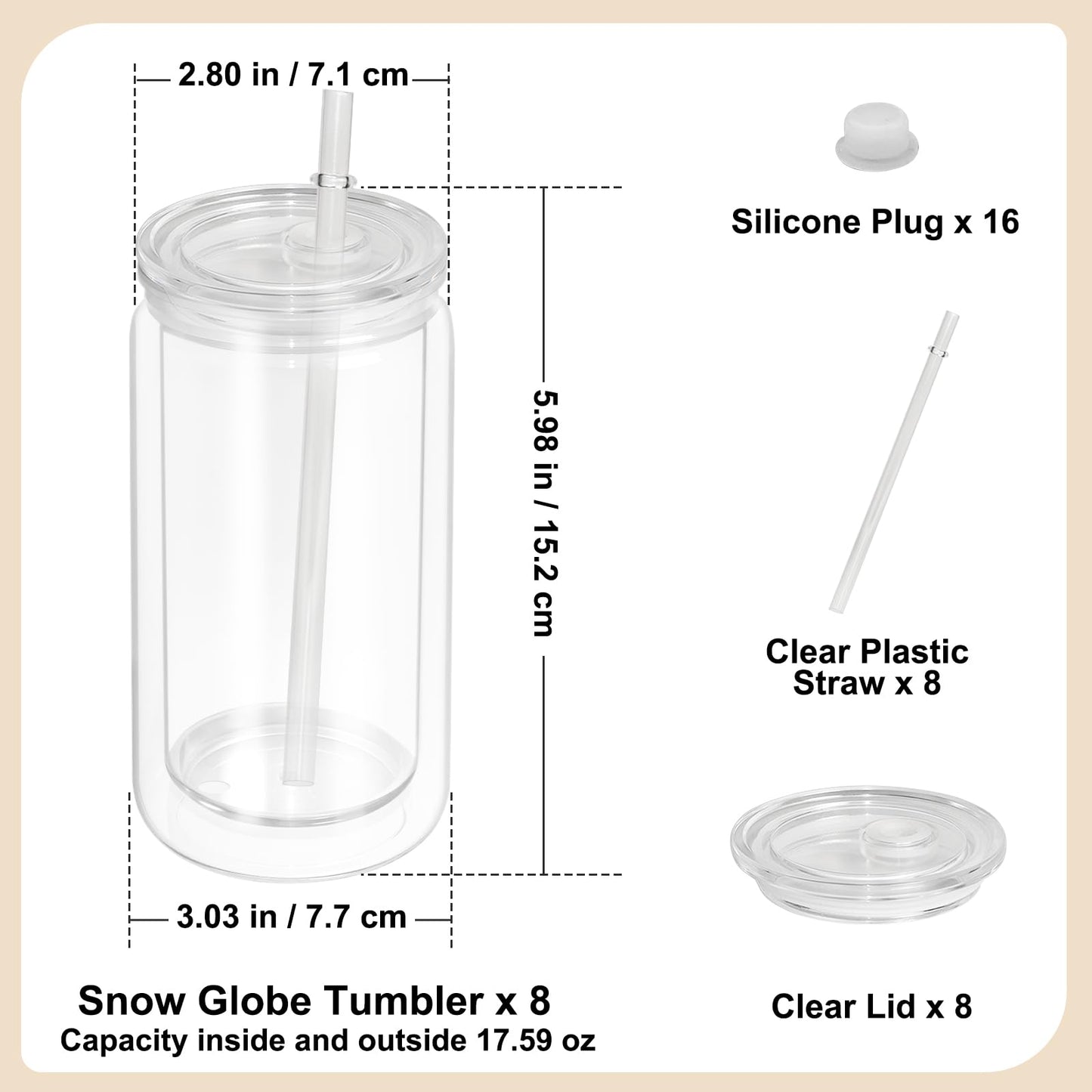 AZEAM 8 PCS Plastic Snow Globe Tumbler,16 oz Double Wall Tumbler with Pre Drilled Hole,Bulk Snow Globe Cups with Clear Lip and Straw,DIY Glitter Snowglobe(No gold powder)