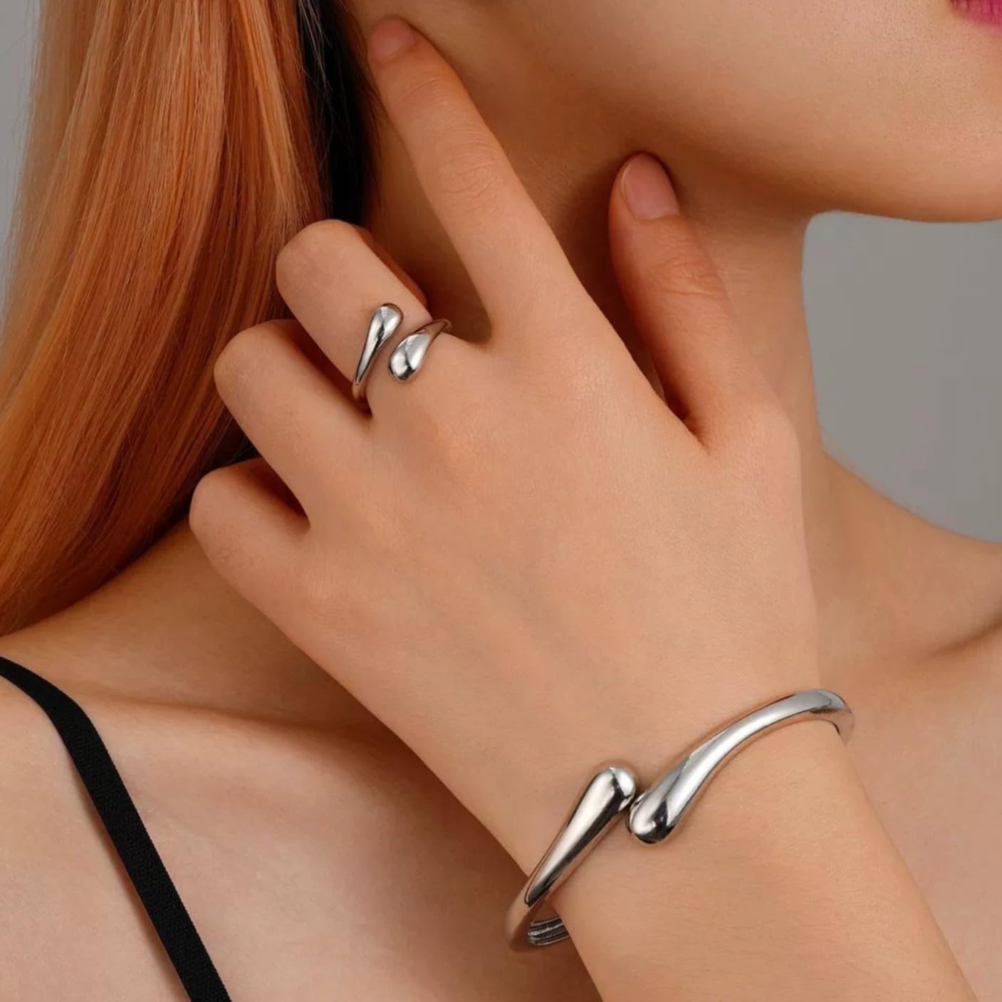 Hcrohihit Chunky Thick Cuff Bangle Bracelet for Women,Minimalist Adjustable Open Cuff Bracelet and Ring Collar Set,Polished Statement Cuff Bangle,Fashion Jewelry (B Silver)