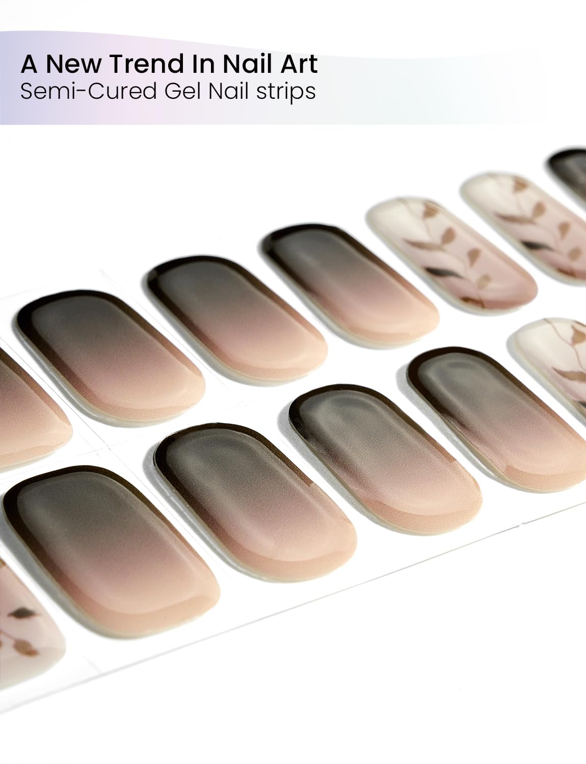 Oauee Semi Cured Gel Nail Strips | Built-In Gel Top Coat | UV Light Required | Salon Quality, Easy Application And Removal (Mocha Leaf Elegy）