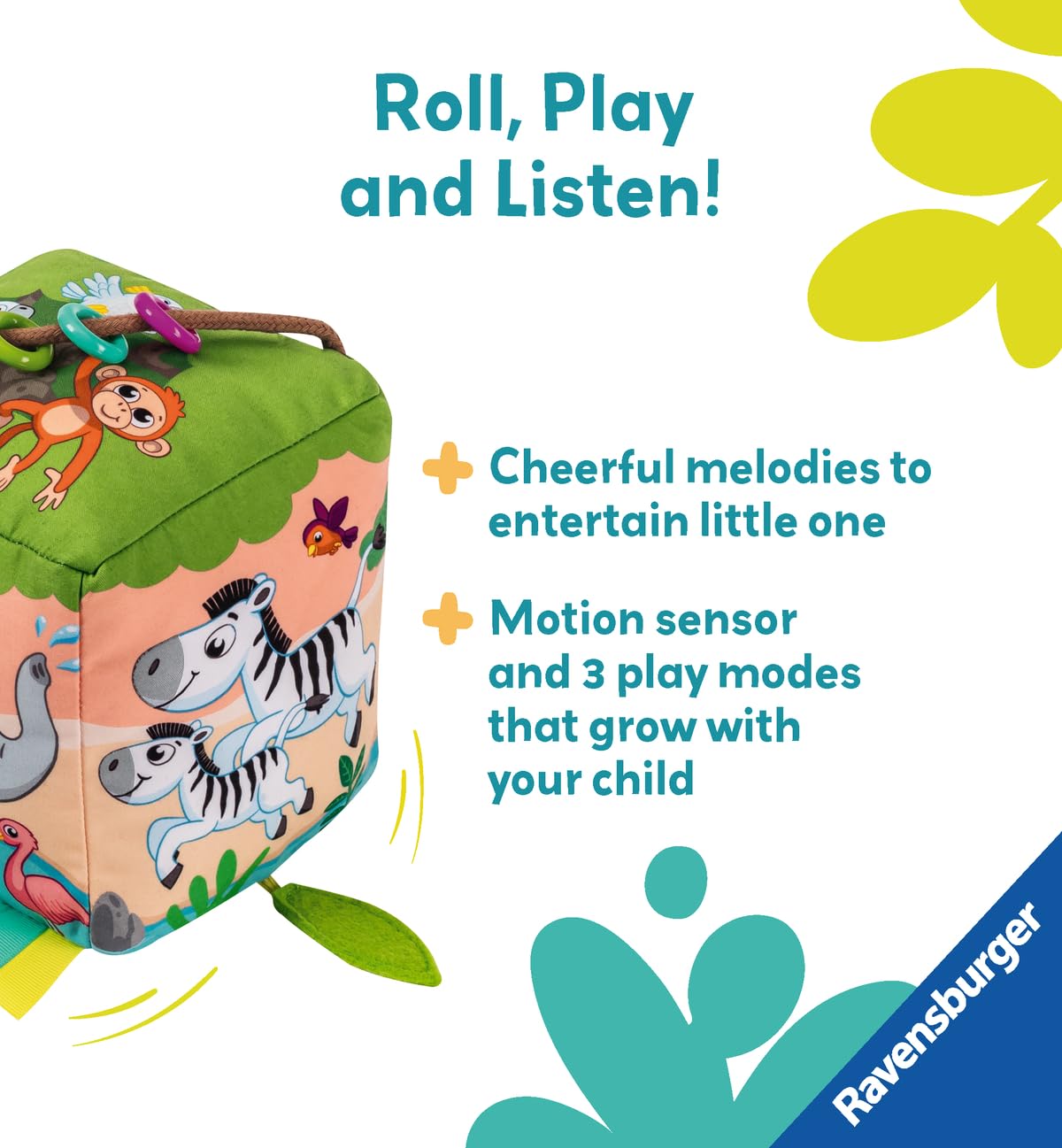 Ravensburger Play+ Roll & Play Sound Cube - Wild Animals | Motion-Activated Sound Toy | Encourages Crawling & Coordination