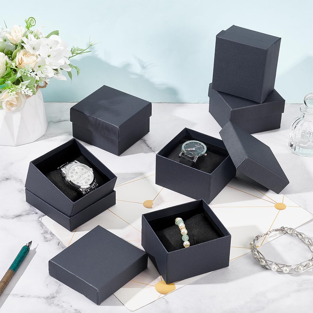 BENECREAT 6 Pack Kraft Cardboard Watch Storage Gift Box, 3.2x3x2inch Rectangle Present Jewelry Box with Nonwoven Cloth Cushion for Bangle Wrist Watch Bracelet Packaging, Midnight Blue