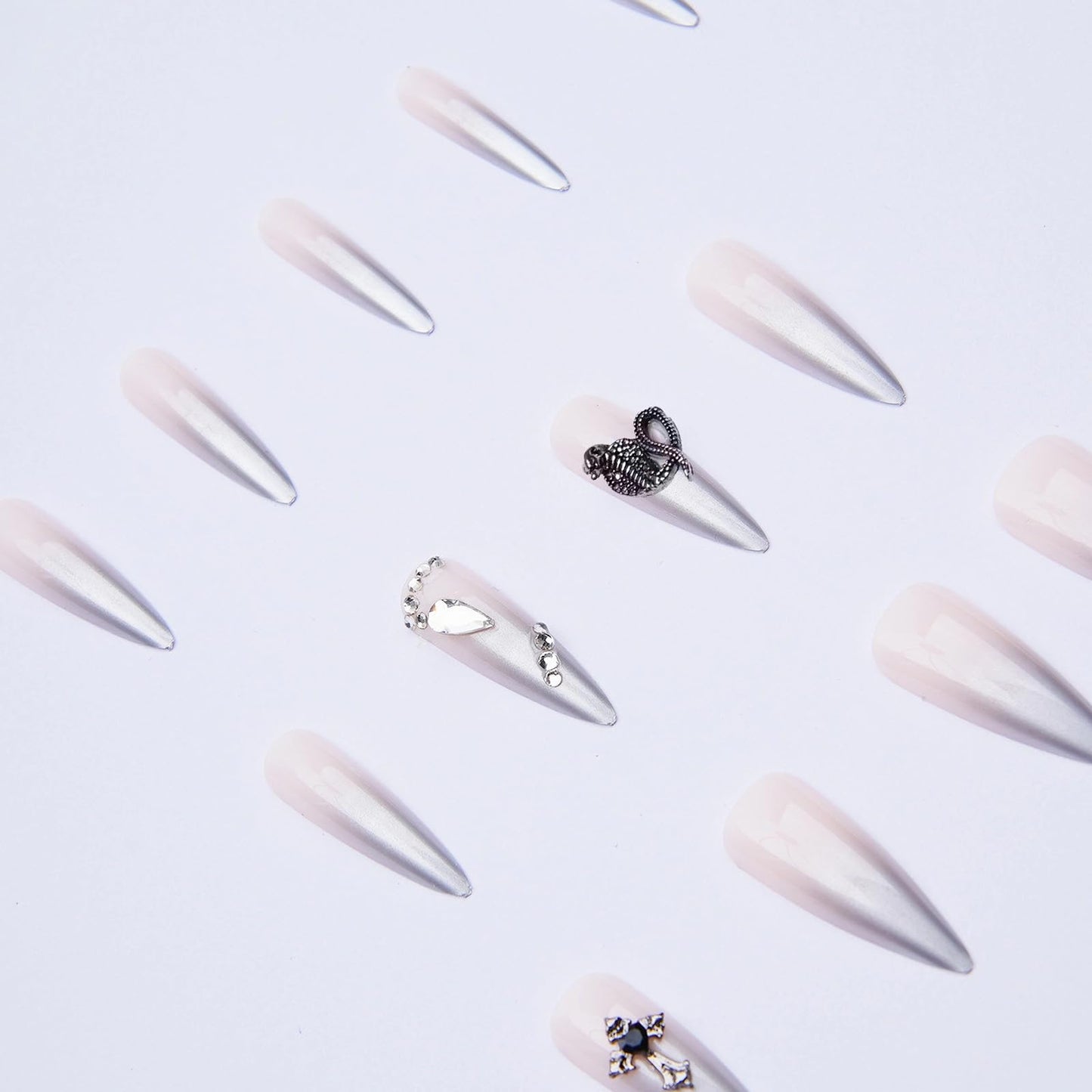 MISUD Press on Nails - Long Stiletto Fake Nails with Silver Chrome, Acrylic Goth Y2K Charms Design 24 pcs