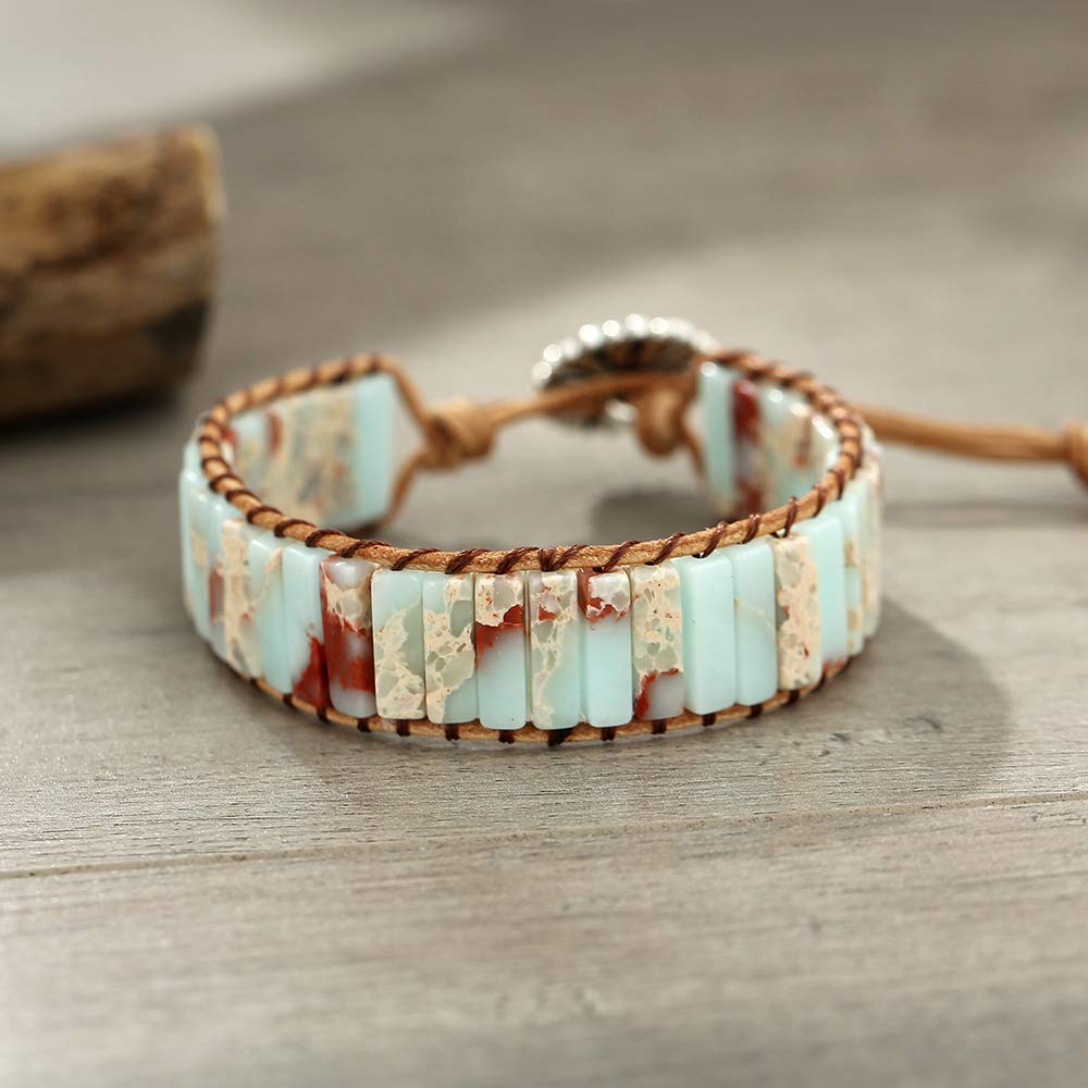 Plumiss Boho Agalmatolite Beaded Wrap Leather Bracelet Jewelry