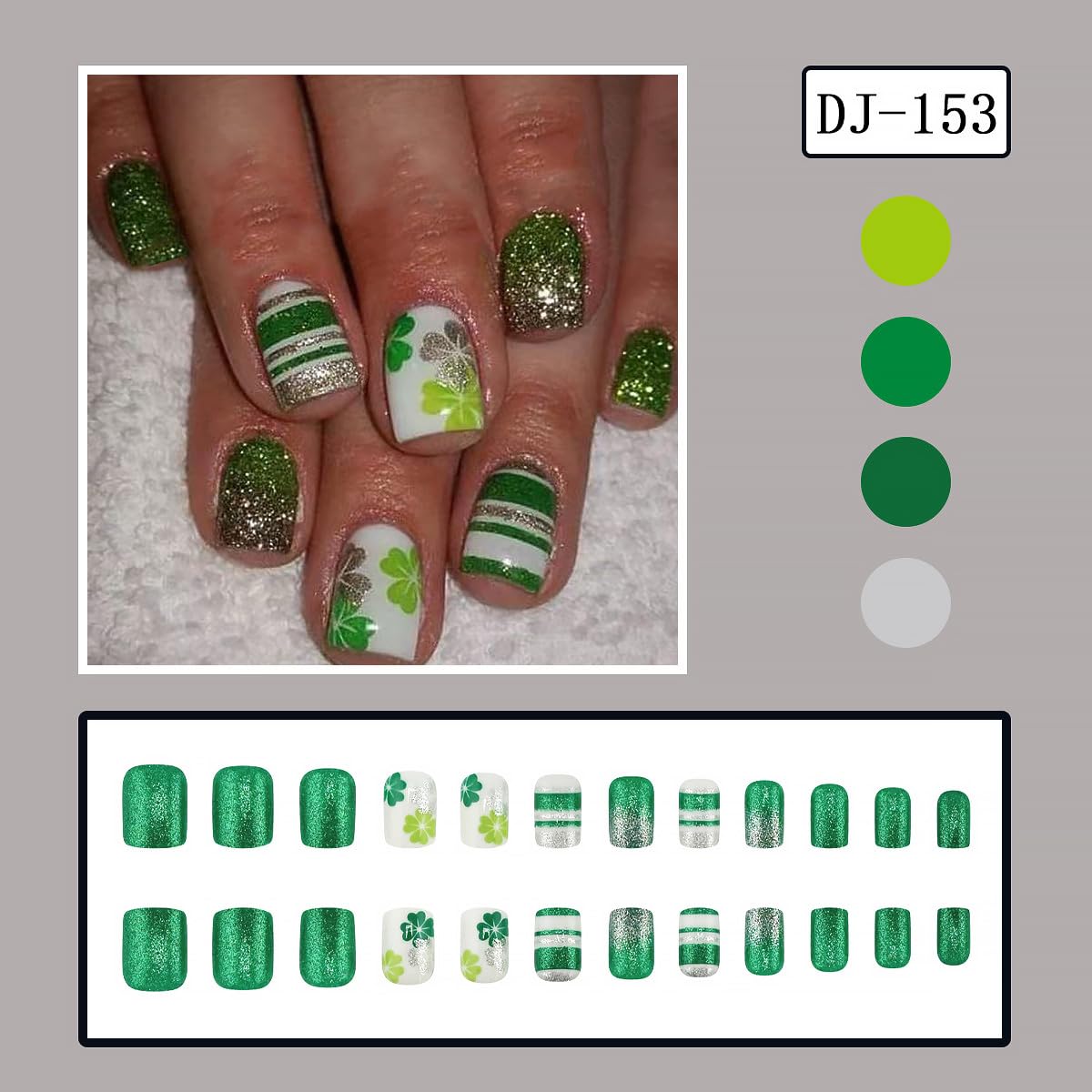 24Pcs St. Patrick's Day Press on Nails Short Square Fake Nails Green Shamrock False Nails with Glitter Line Design White Full Cover Artificial Glue on Nails Glossy Irish Stick on Nails for Women DIY