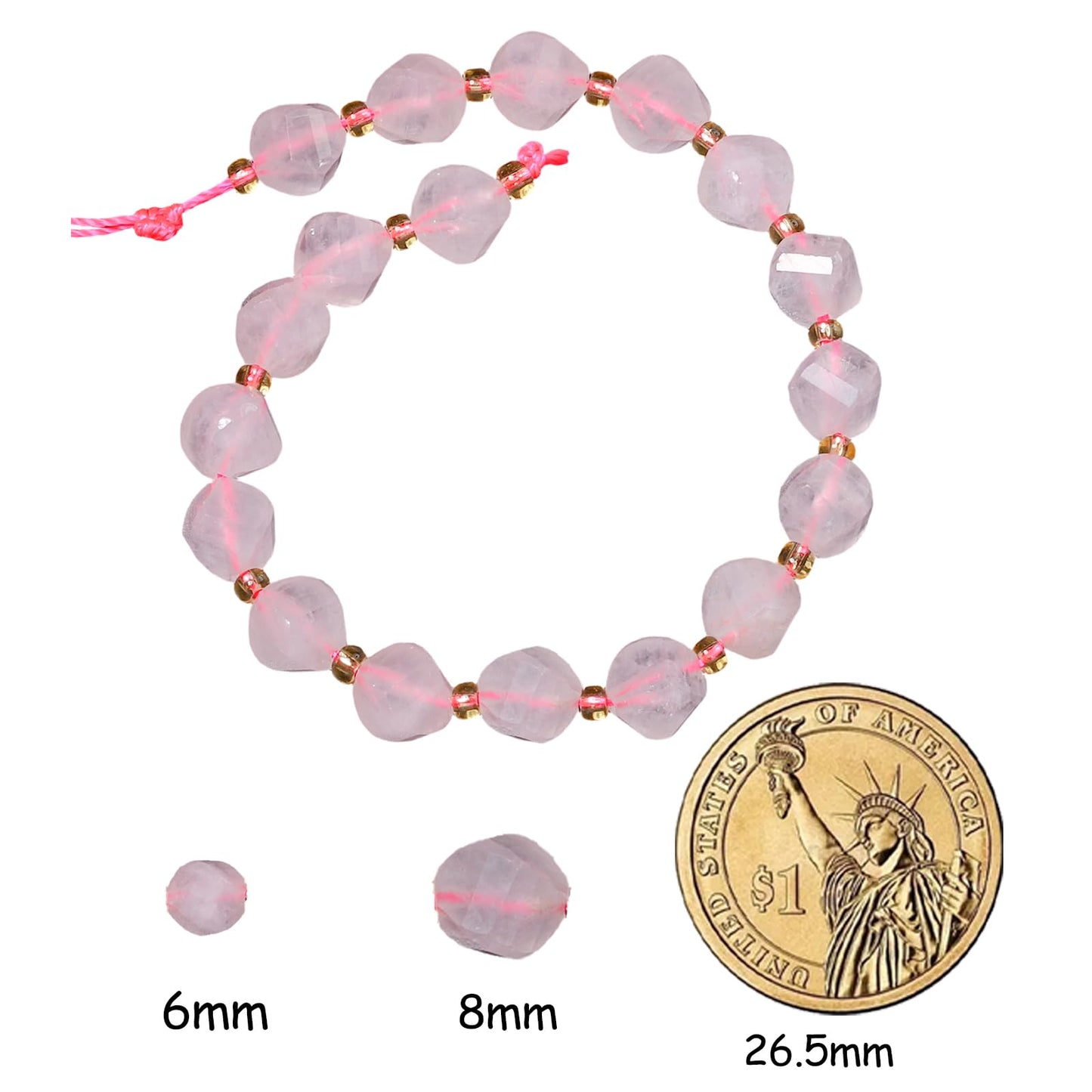 Yochus 42pcs Natural Pink Quartz Stone Beads for Bracelet，2strands 6mm Facted Twist Loose Gemstone Beads for Jewelry Making DIY Craft Necklace Earring
