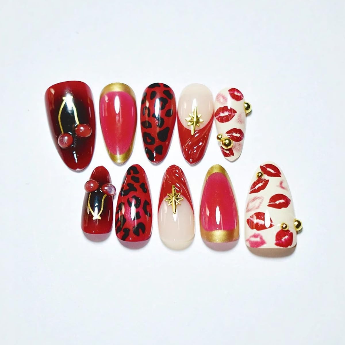 30Pcs Valentines Press on Nails Medium Almond Shape French Tip Fake Nails with 3D Golden Bead Cherry Designs Sexy Red Lips False Nails Red Glossy Acrylic Stick on Nail for Women DIY Manicure Kits