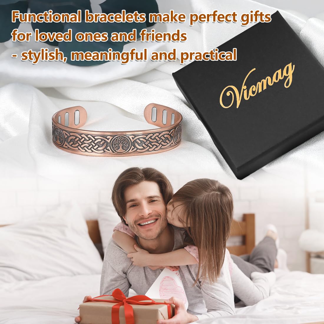 Vicmag Copper Bracelet for Men 9X Strength Magnetic 99% Pure Copper with 5000 Gauss Magnets, Tree of Life Present Box Adjustable(Axe Tree)