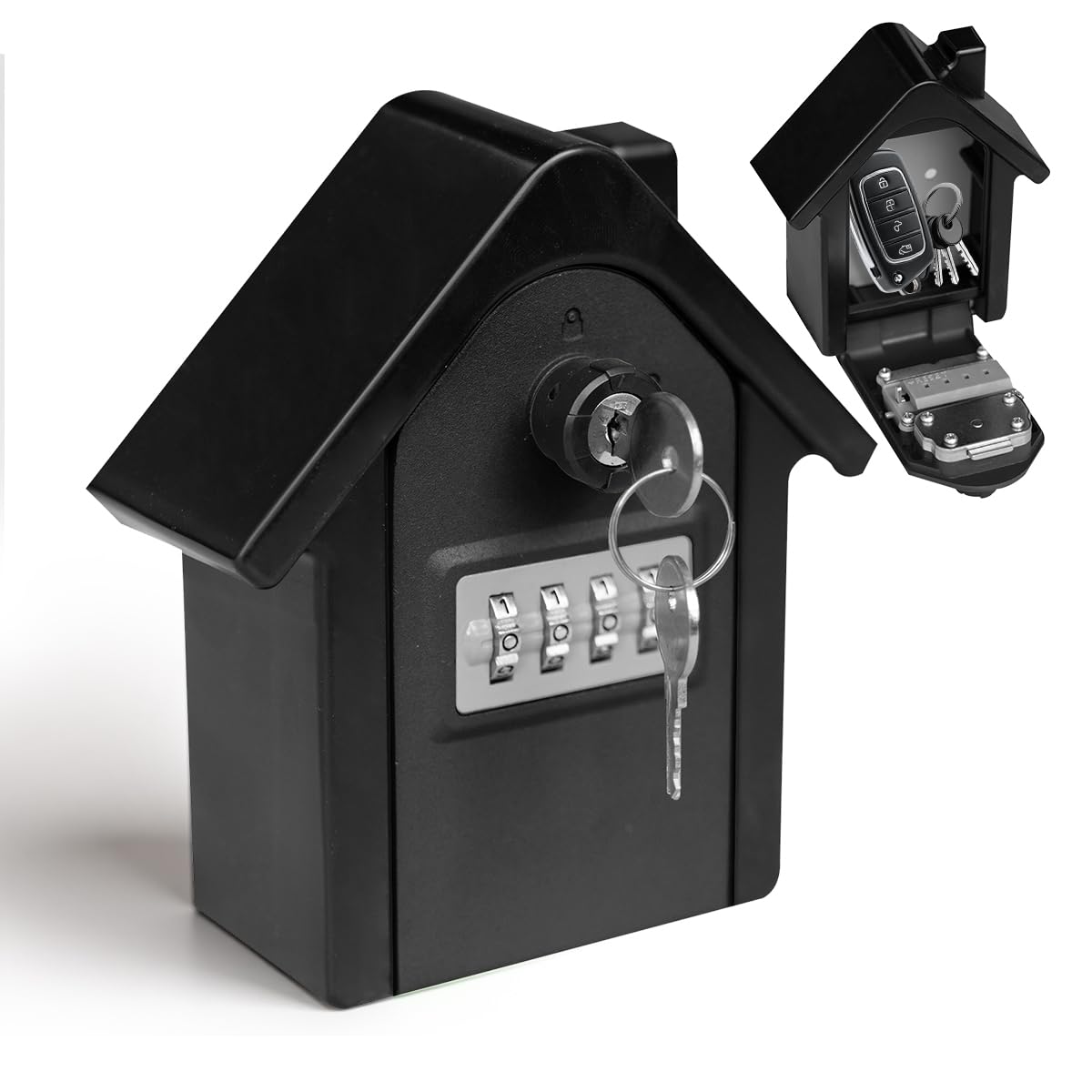 Key Lock Box with Combination lock & Key lock, Portable Large Capacity Key Storage Box Wall Mounted, Resettable Code, Waterproof Security Lock Box for Home, Office, Garage, Realtors Black(1 Pack)
