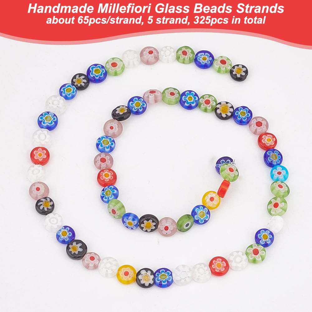 PH PandaHall 325Pcs/5 Strands Millefiori Lampwork Glass Beads 6mm Flat Round Flower Glass Beads Handmade Flower Millefiori Lampwork Bead Loose Spacer Bead for Jewelry Making DIY Crafts