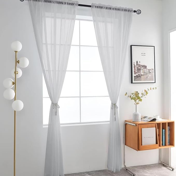 SpaceDresser Basic Rod Pocket Sheer Voile Window Curtain Panels Silver Grey 1 Pair 2 Panels 52 Width 45 Inch Long for Kitchen Bedroom Children Living Room Yard（Silver Grey, 52W x 45L）