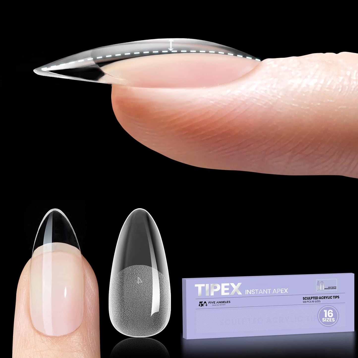 Five Angeles Tipex Instant Apex Nail Tips, Almond Medium Pre-etched Thicker Acrylic Nails, with 15g Tipex Nail Glue,Deep C Curve Matte Underside Press-on Nails, 128pcs 16 Sizes