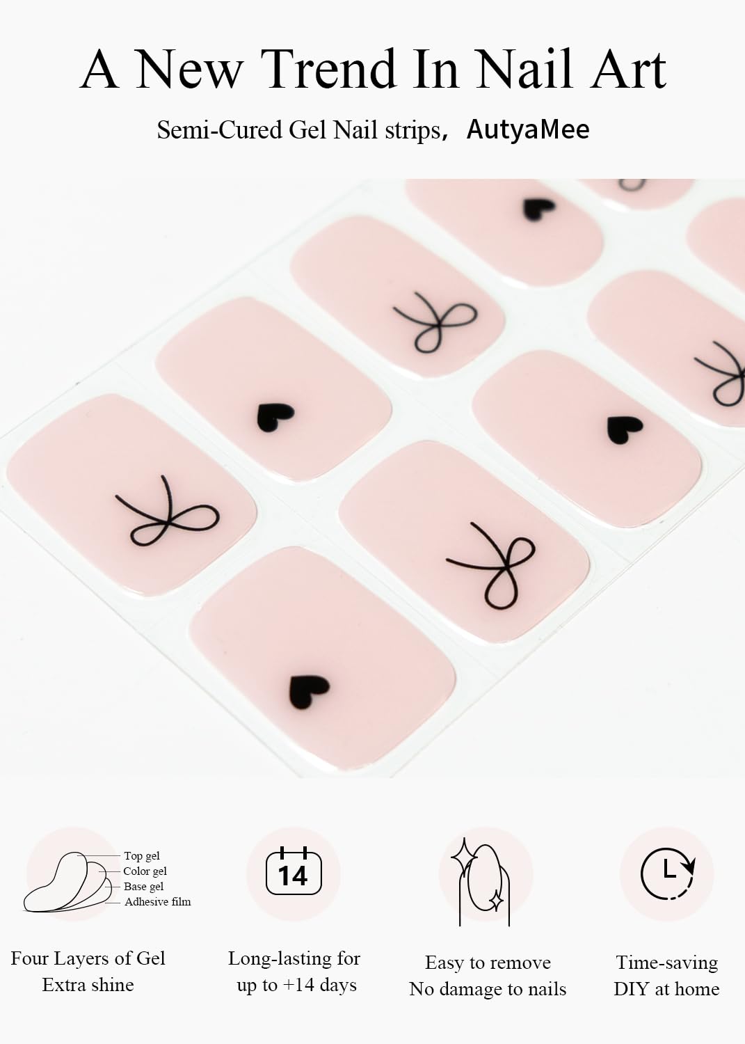 AutyaMee Semi Cured Gel Nail Strips (Black Bow), Jelly Nude, 20 Pcs Gel Nail Wraps, Stickers, UV Light Required, Salon Quality, Long Lasting