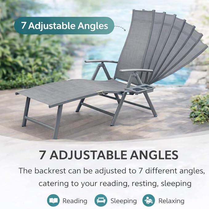 Kozyard Aluminum Outdoor Chaise Lounge Chair, Adjustable Reclining Patio Lounge with Drink Holder, Weather-Resistant Pool, Deck & Yard Recliner,Assemble-Free, Gray (Gray)