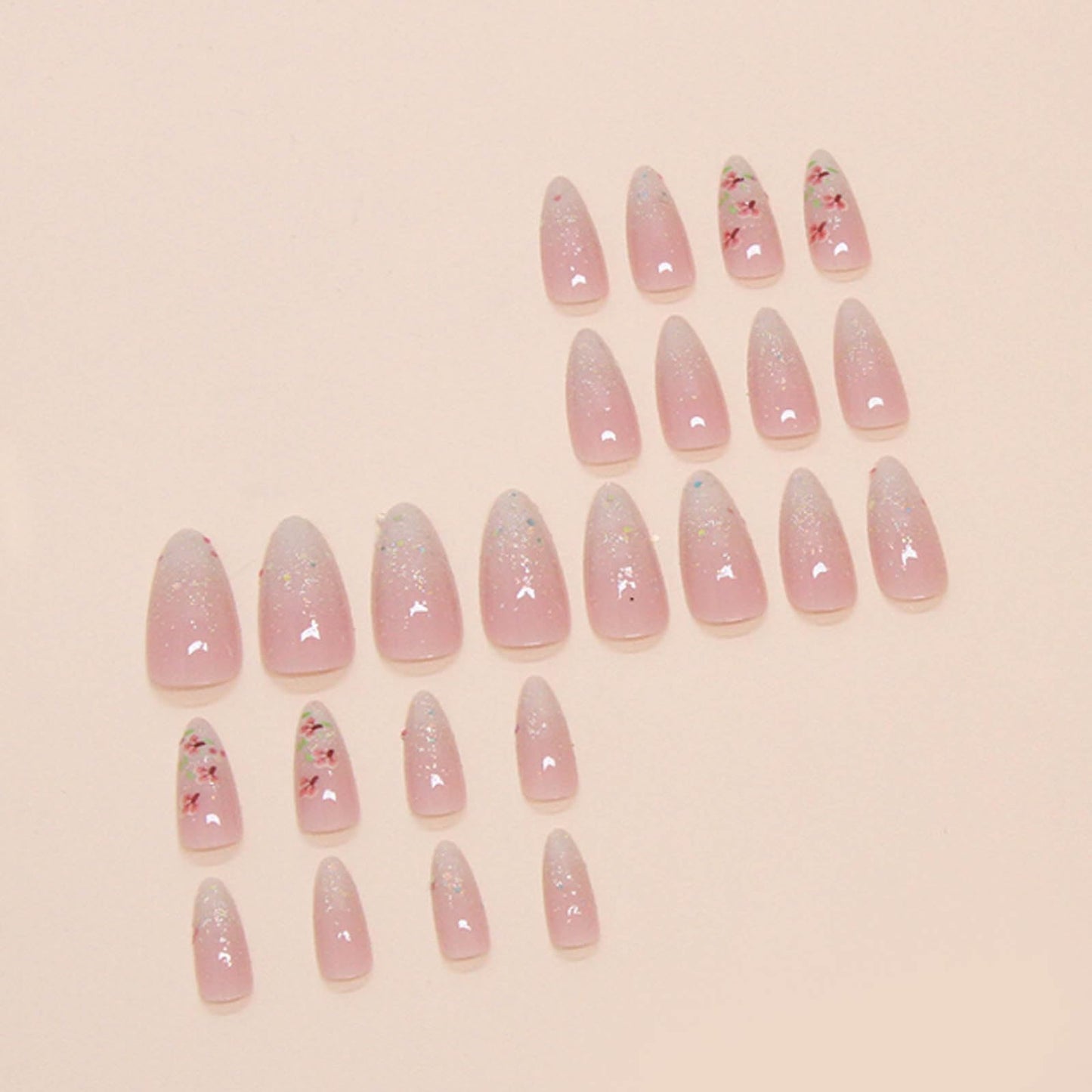 Hkanlre Gradient Pink Fake Nails Tips Bling Press on Nails Full Cover Almond False Medium Nails for Women 24PCS